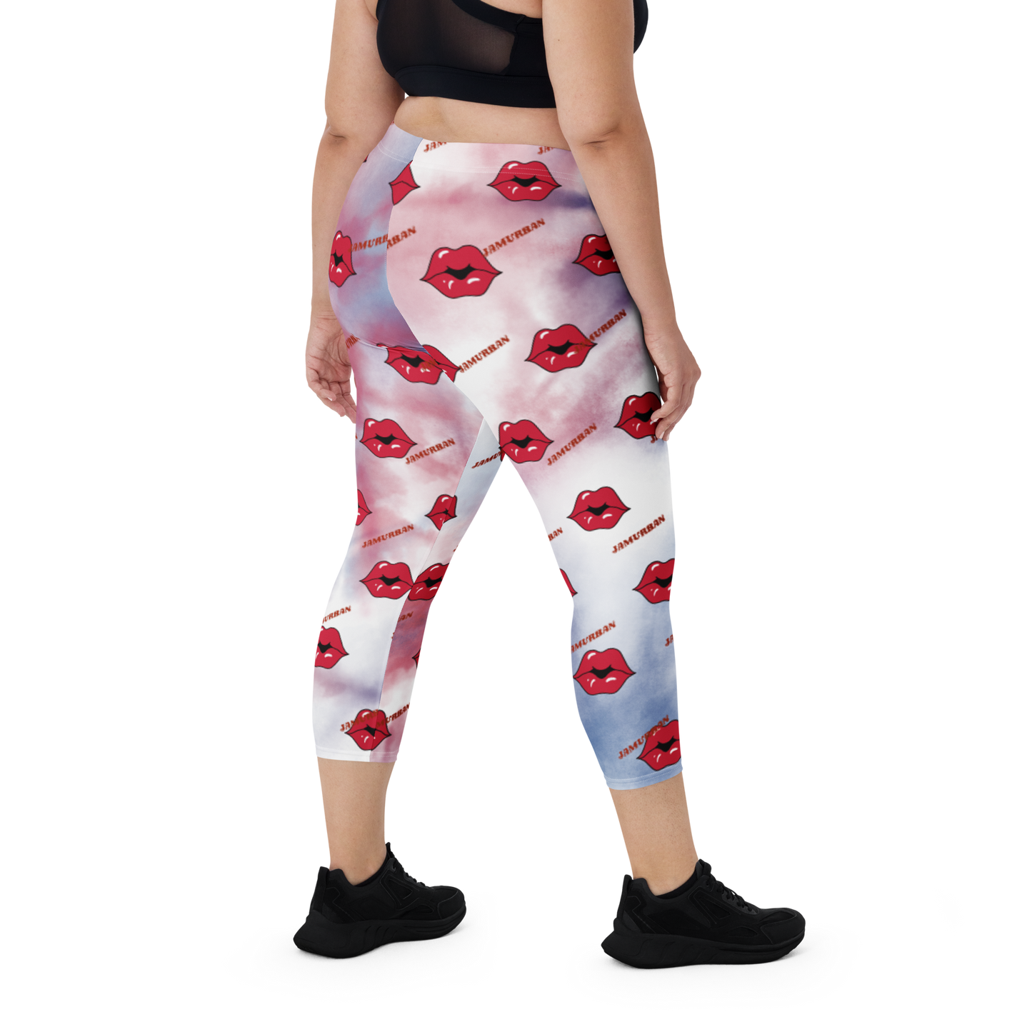 JAMURBAN "LIPZ SMACKAZ" Capri Leggings (RED+BLUE+WHITE TIE-DYE)