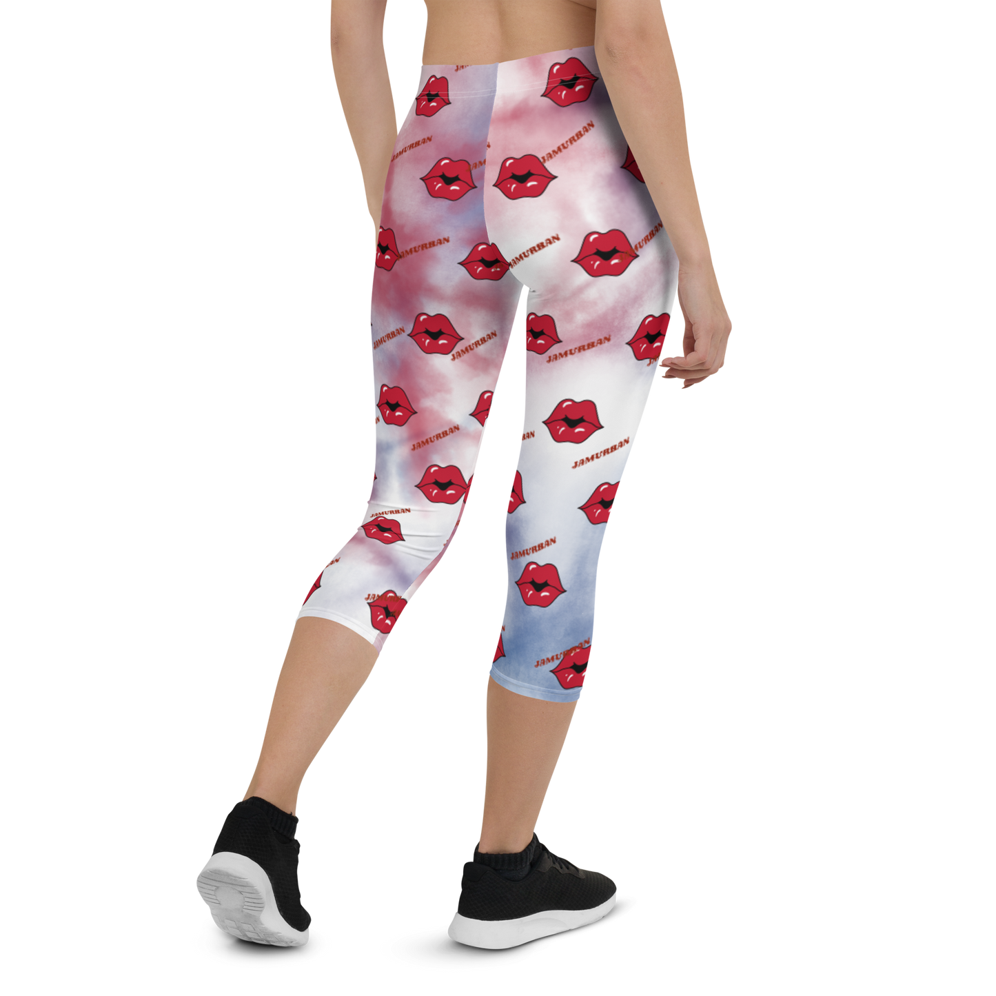 JAMURBAN "LIPZ SMACKAZ" Capri Leggings (RED+BLUE+WHITE TIE-DYE)