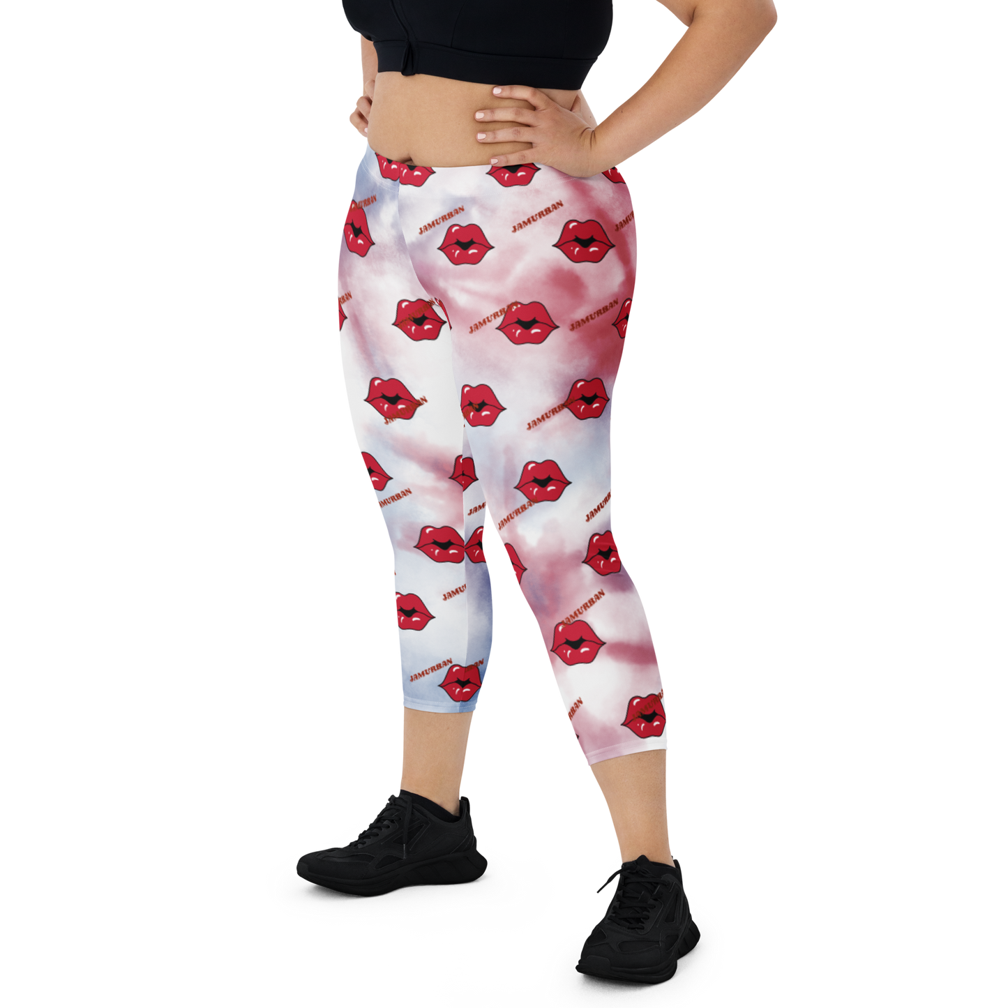 JAMURBAN "LIPZ SMACKAZ" Capri Leggings (RED+BLUE+WHITE TIE-DYE)