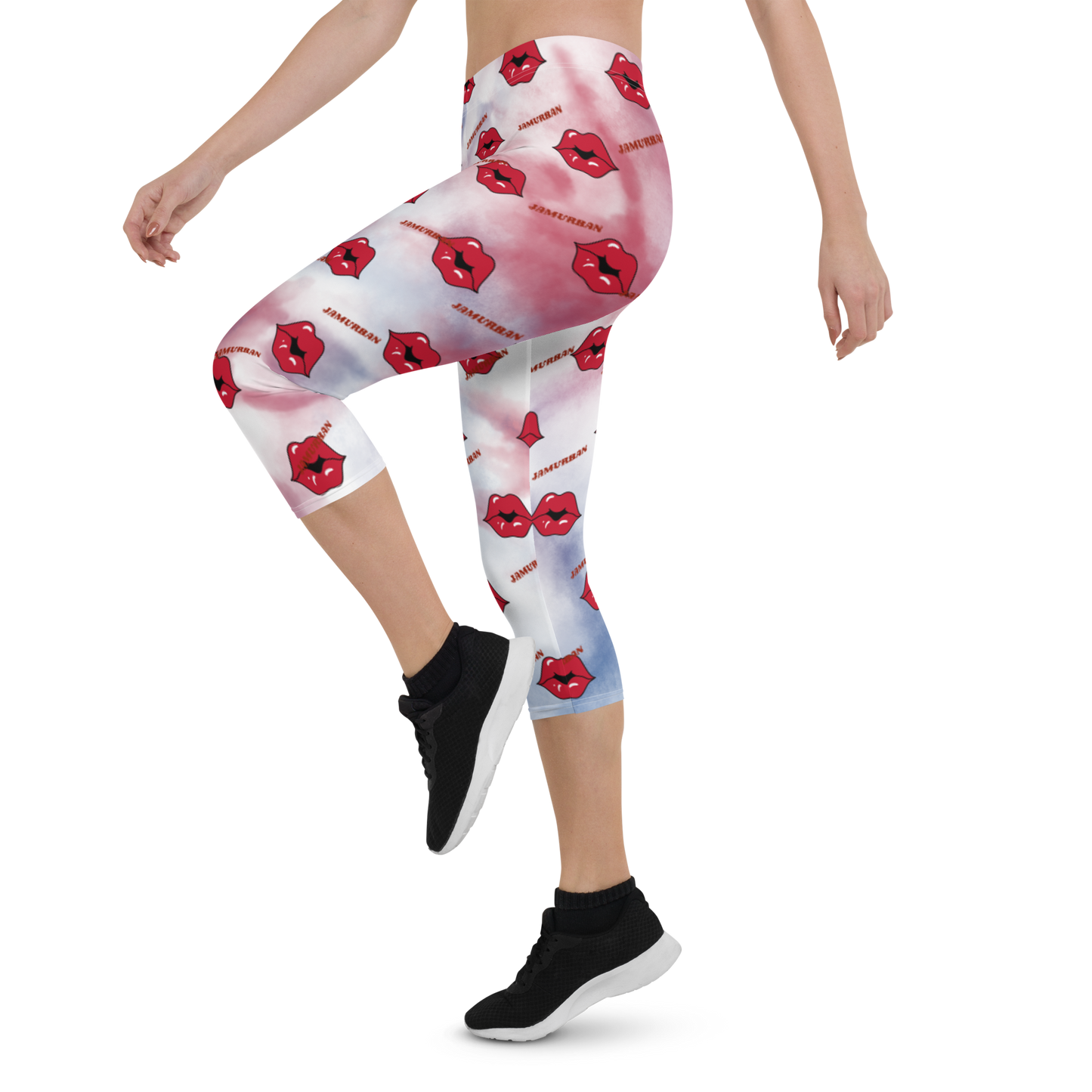 JAMURBAN "LIPZ SMACKAZ" Capri Leggings (RED+BLUE+WHITE TIE-DYE)