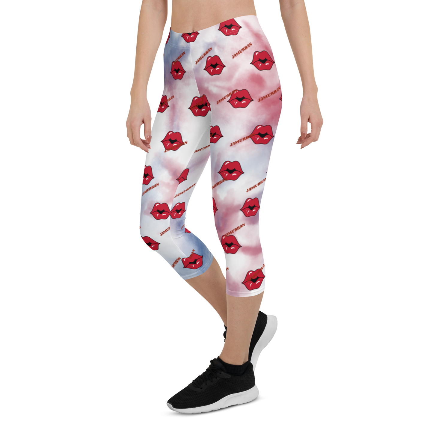 JAMURBAN "LIPZ SMACKAZ" Capri Leggings (RED+BLUE+WHITE TIE-DYE)