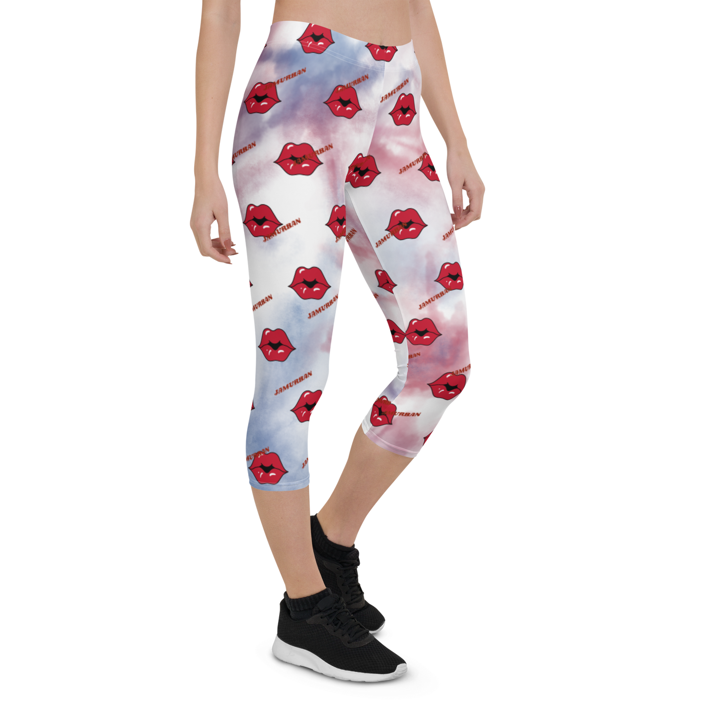 JAMURBAN "LIPZ SMACKAZ" Capri Leggings (RED+BLUE+WHITE TIE-DYE)