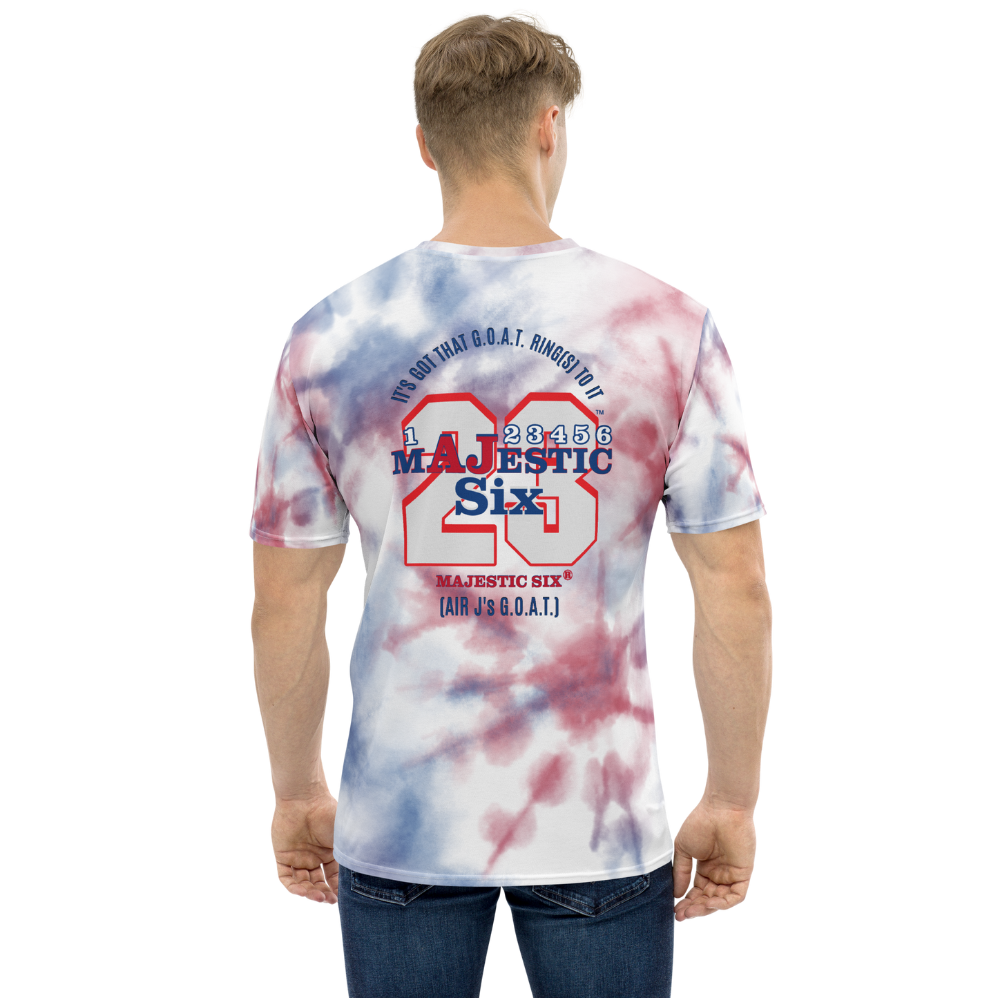 MAJESTIC SIX® (AJ's) Men's t-shirt (Red+Blue+White Tie-dye). Sizes XS - 2XL.
