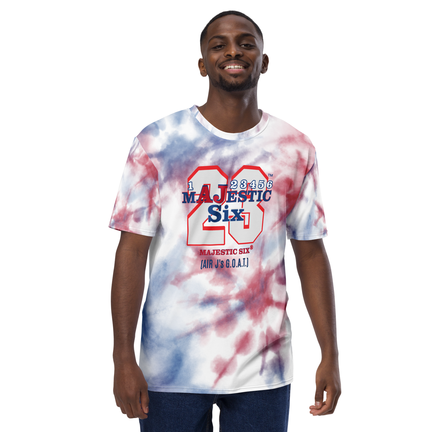 MAJESTIC SIX® (AJ's) Men's t-shirt (Red+Blue+White Tie-dye). Sizes XS - 2XL.
