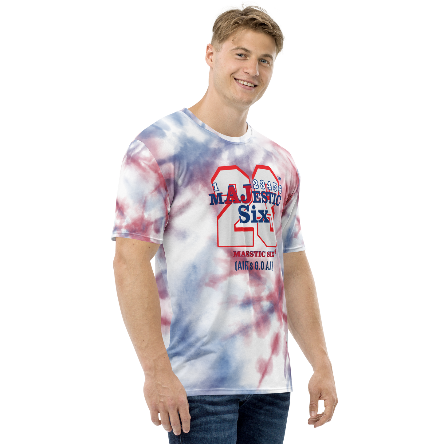 MAJESTIC SIX® (AJ's) Men's t-shirt (Red+Blue+White Tie-dye). Sizes XS - 2XL.