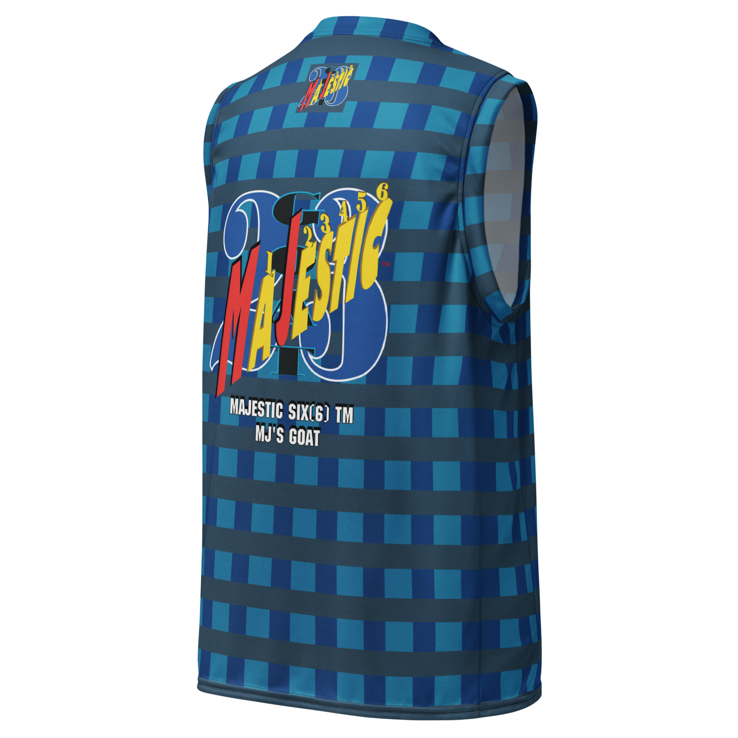 MAJESTIC SIX(6) tm UNISEX BASKETBALL JERSEY (MJ's GOAT) - Dark Cerulean, Arapawa and Pelorous).
