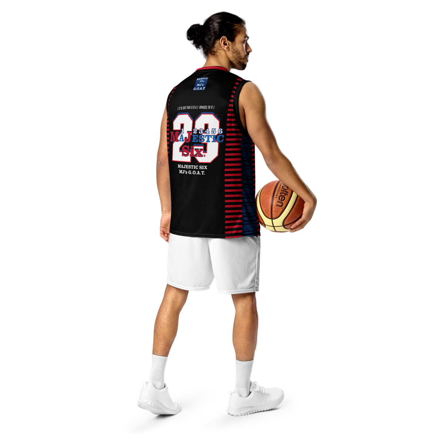 MAJESTIC SIX® MJ's G.O.A.T. Recycled unisex basketball jersey. Black body with red, dark cerulean and white. Sizes 2XS --6XL.S