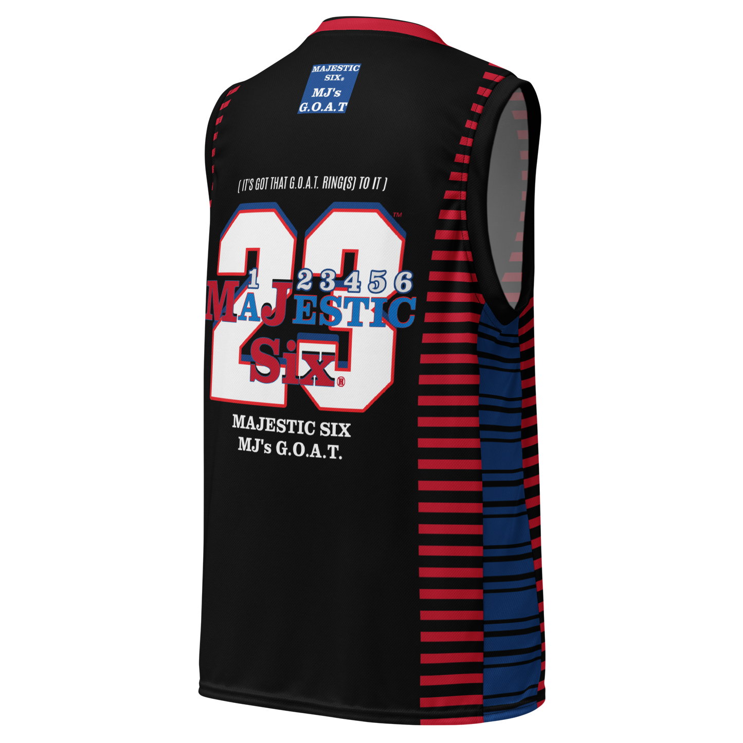 MAJESTIC SIX® MJ's G.O.A.T. Recycled unisex basketball jersey. Black body with red, dark cerulean and white. Sizes 2XS --6XL.S