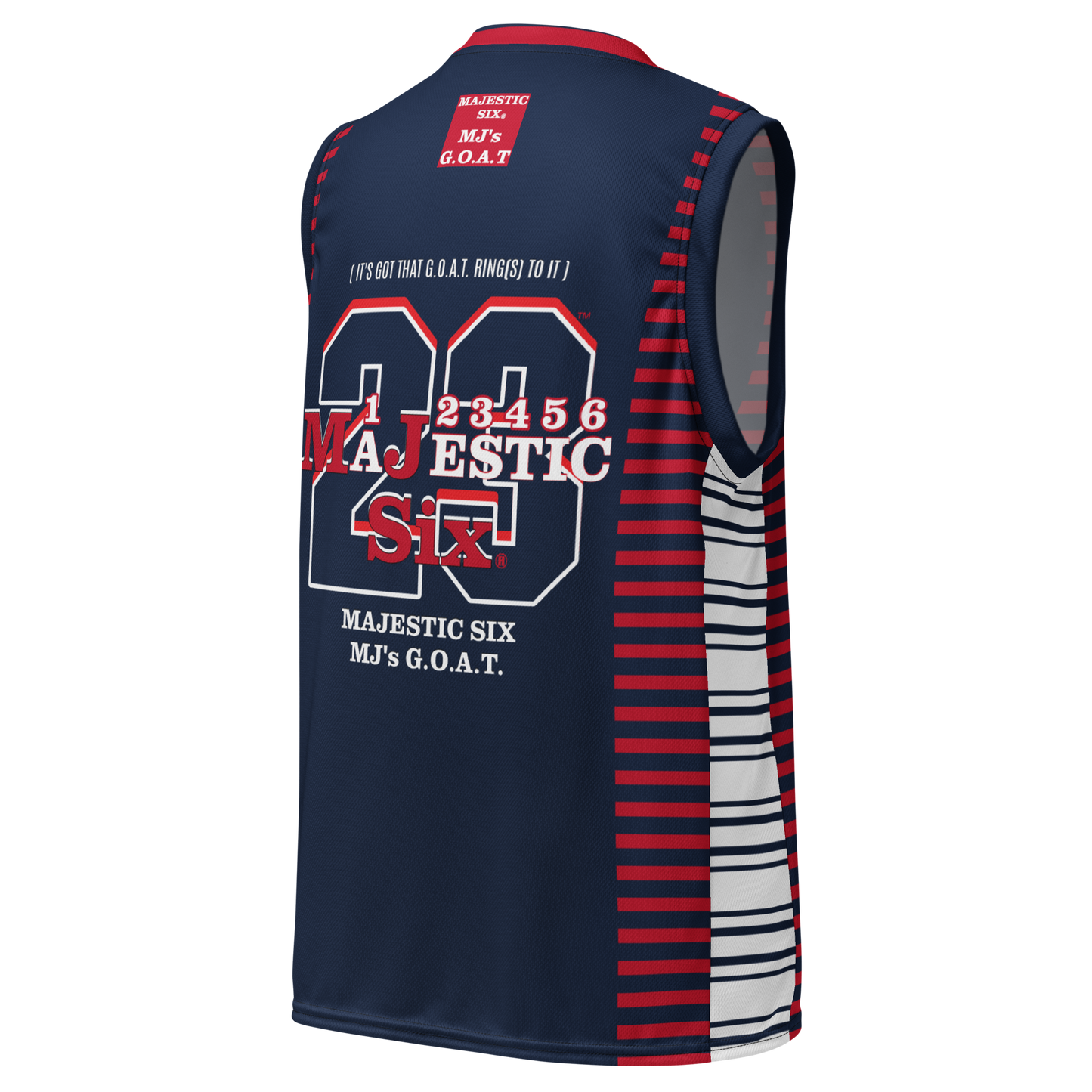 MAJESTIC SIX® MJ's G.O.A.T. Recycled unisex basketball jersey. Navy, red and white. Sizes 2XS - 6XL.