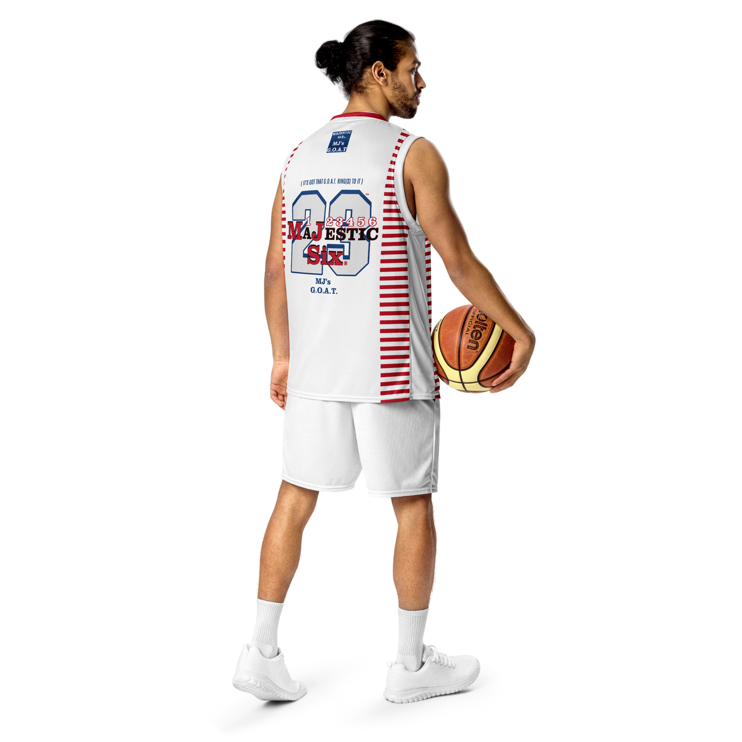 MAJESTIC SIX (MJ's G.O.A.T) Recycled unisex basketball jersey. White body+ red, black and blue. Sizes XS - 6XL.