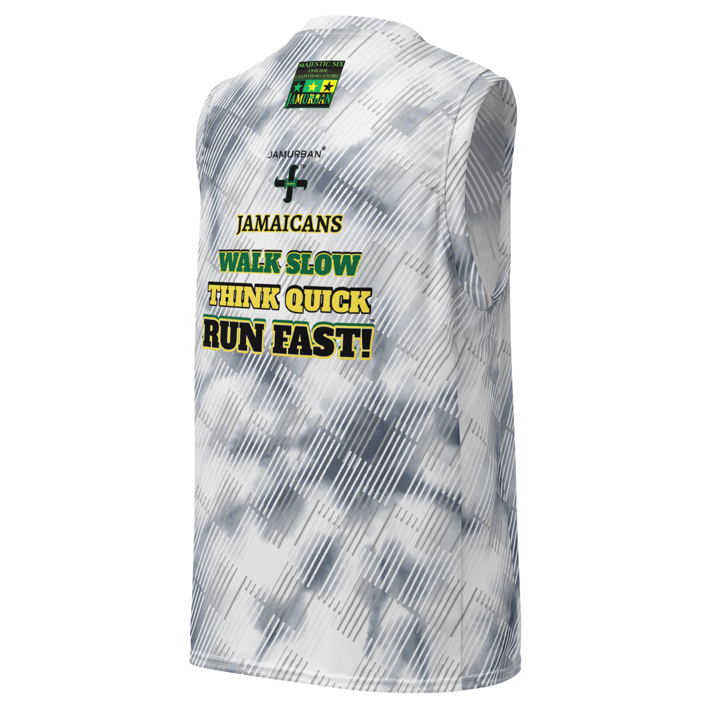 JAMURBAN® "JAMAICANS ...RUN FAST!" Recycled unisex basketball jersey.( Grey tie dye collab). Sizes 2XS - 6XL.