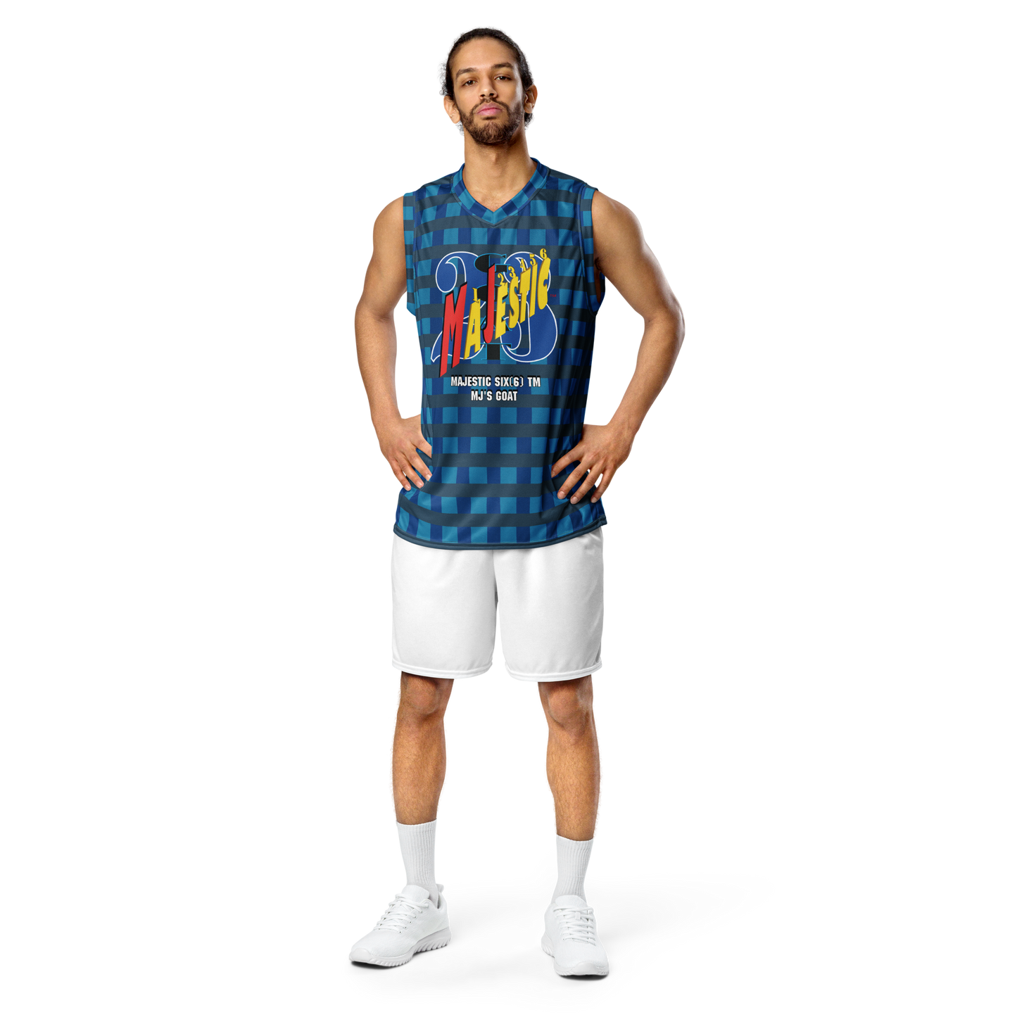 MAJESTIC SIX(6) tm UNISEX BASKETBALL JERSEY (MJ's GOAT) - Dark Cerulean, Arapawa and Pelorous).