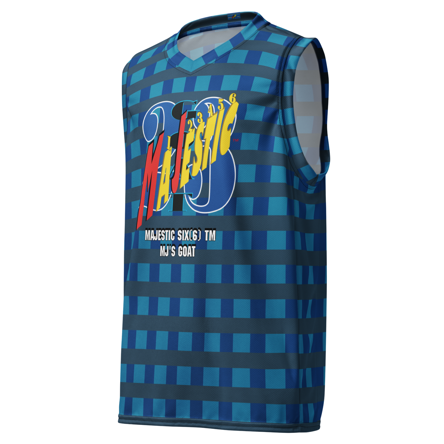 MAJESTIC SIX(6) tm UNISEX BASKETBALL JERSEY (MJ's GOAT) - Dark Cerulean, Arapawa and Pelorous).