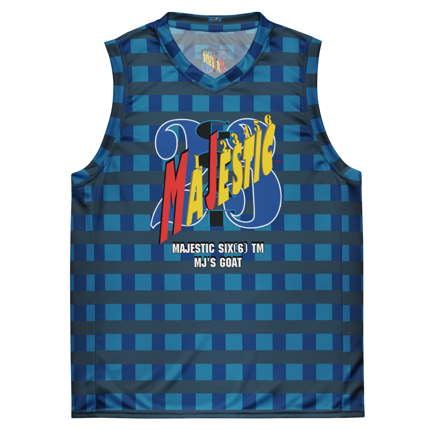MAJESTIC SIX(6) tm UNISEX BASKETBALL JERSEY (MJ's GOAT) - Dark Cerulean, Arapawa and Pelorous).