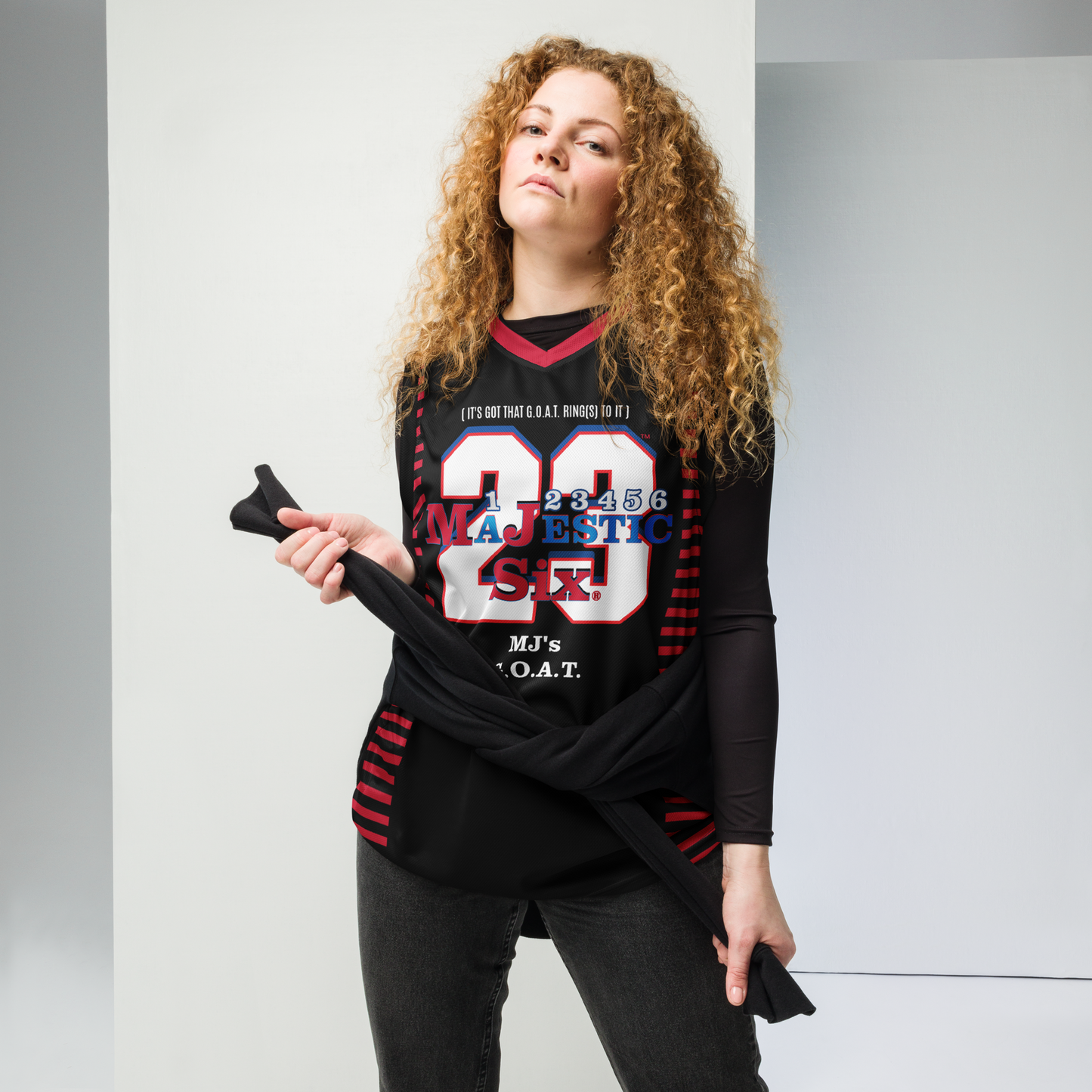 MAJESTIC SIX® MJ's G.O.A.T. Recycled unisex basketball jersey. Black body with red, dark cerulean and white. Sizes 2XS --6XL.S