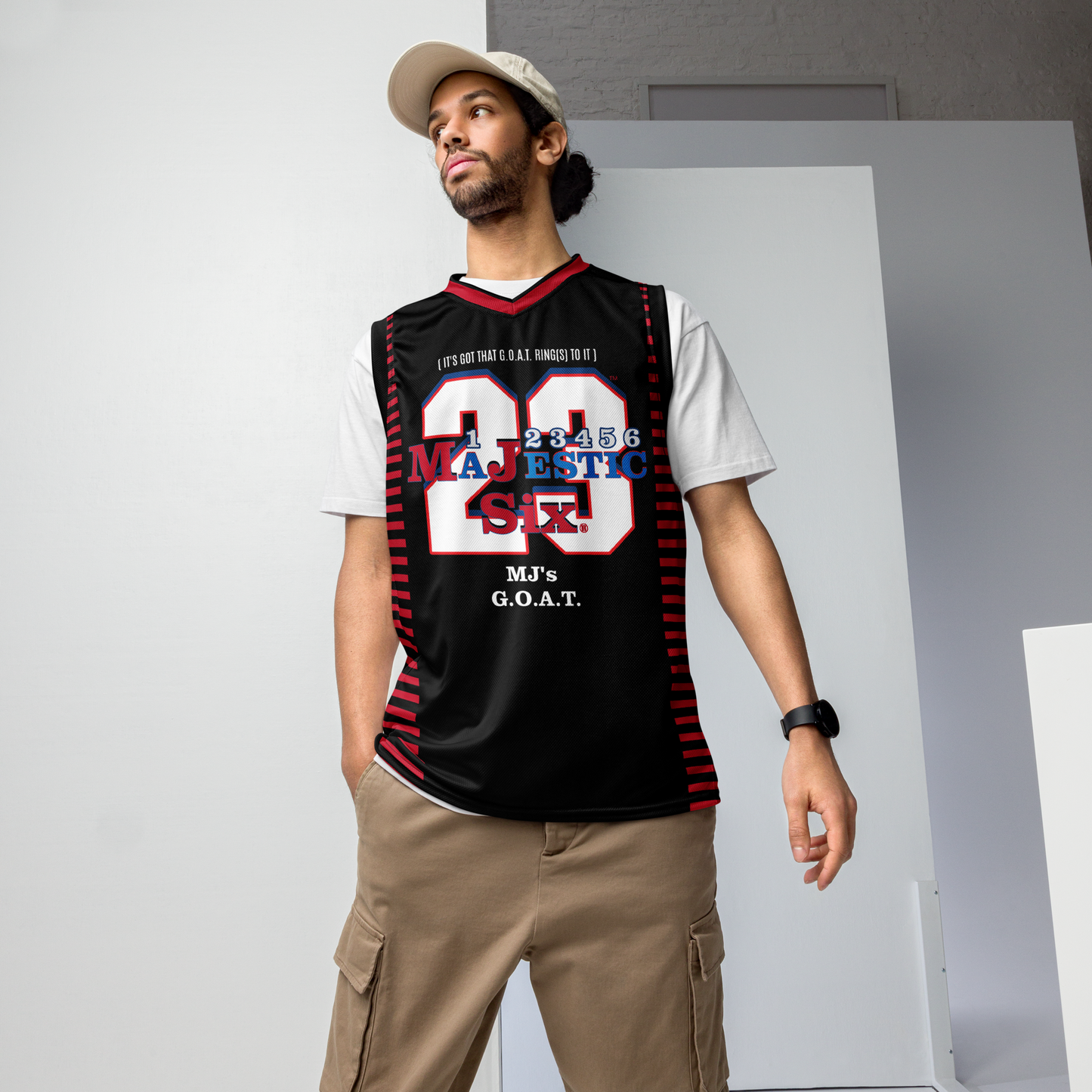 MAJESTIC SIX® MJ's G.O.A.T. Recycled unisex basketball jersey. Black body with red, dark cerulean and white. Sizes 2XS --6XL.S