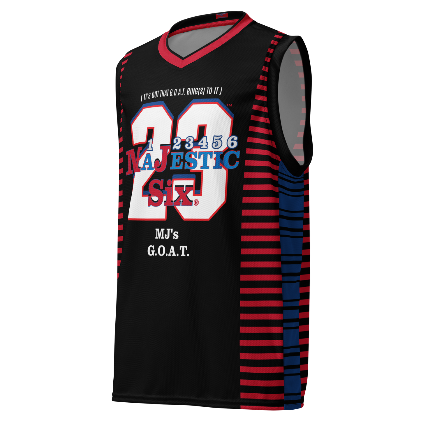 MAJESTIC SIX® MJ's G.O.A.T. Recycled unisex basketball jersey. Black body with red, dark cerulean and white. Sizes 2XS --6XL.S