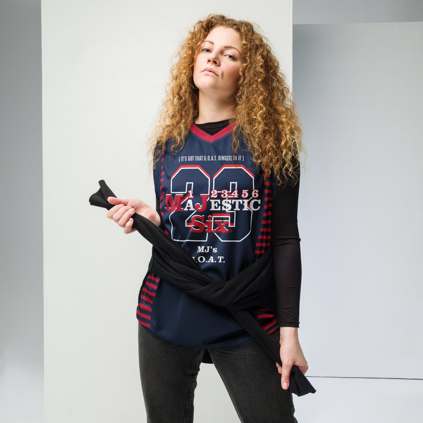 MAJESTIC SIX® MJ's G.O.A.T. Recycled unisex basketball jersey. Navy, red and white. Sizes 2XS - 6XL.