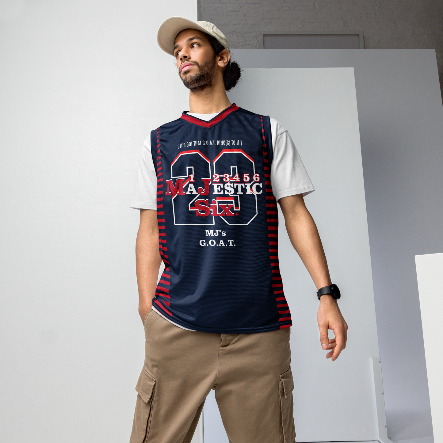 MAJESTIC SIX® MJ's G.O.A.T. Recycled unisex basketball jersey. Navy, red and white. Sizes 2XS - 6XL.