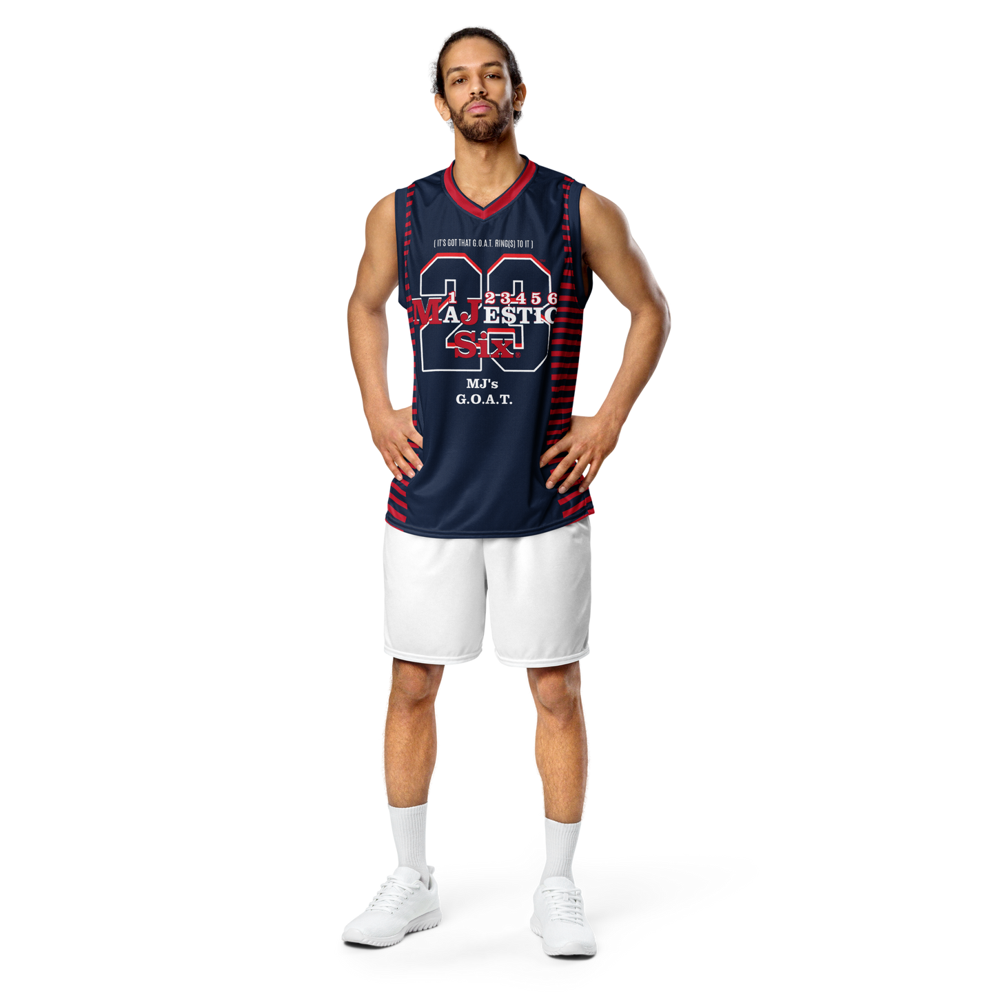 MAJESTIC SIX® MJ's G.O.A.T. Recycled unisex basketball jersey. Navy, red and white. Sizes 2XS - 6XL.