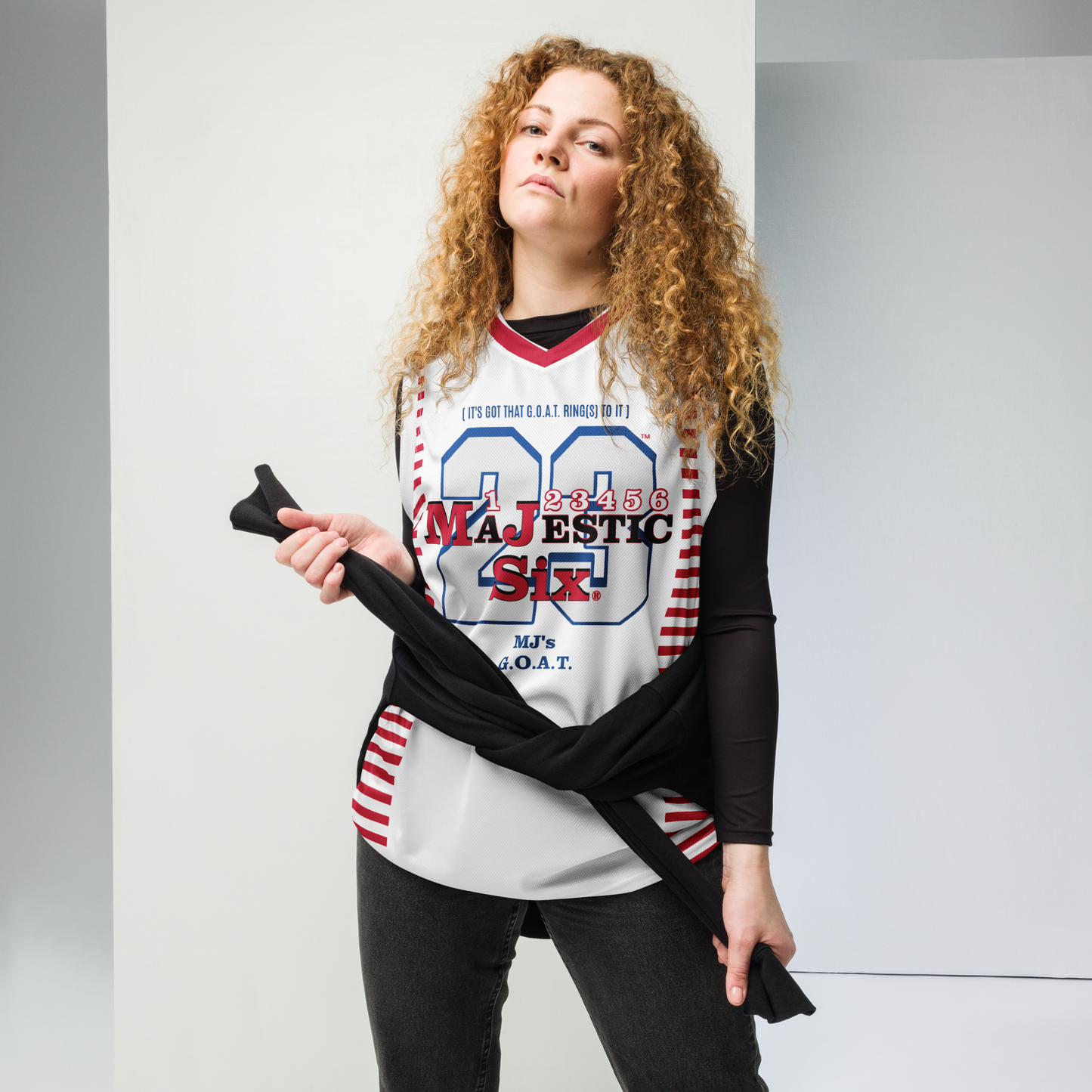 MAJESTIC SIX (MJ's G.O.A.T) Recycled unisex basketball jersey. White body+ red, black and blue. Sizes XS - 6XL.