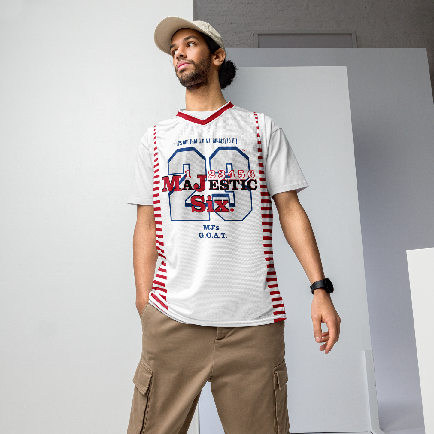 MAJESTIC SIX (MJ's G.O.A.T) Recycled unisex basketball jersey. White body+ red, black and blue. Sizes XS - 6XL.