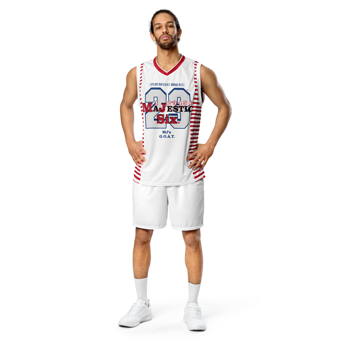 MAJESTIC SIX (MJ's G.O.A.T) Recycled unisex basketball jersey. White body+ red, black and blue. Sizes XS - 6XL.