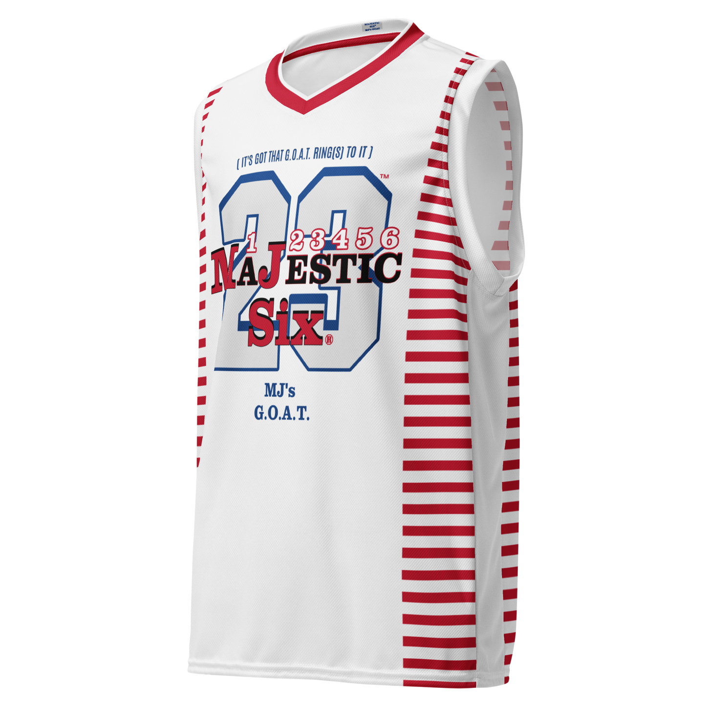 MAJESTIC SIX (MJ's G.O.A.T) Recycled unisex basketball jersey. White body+ red, black and blue. Sizes XS - 6XL.
