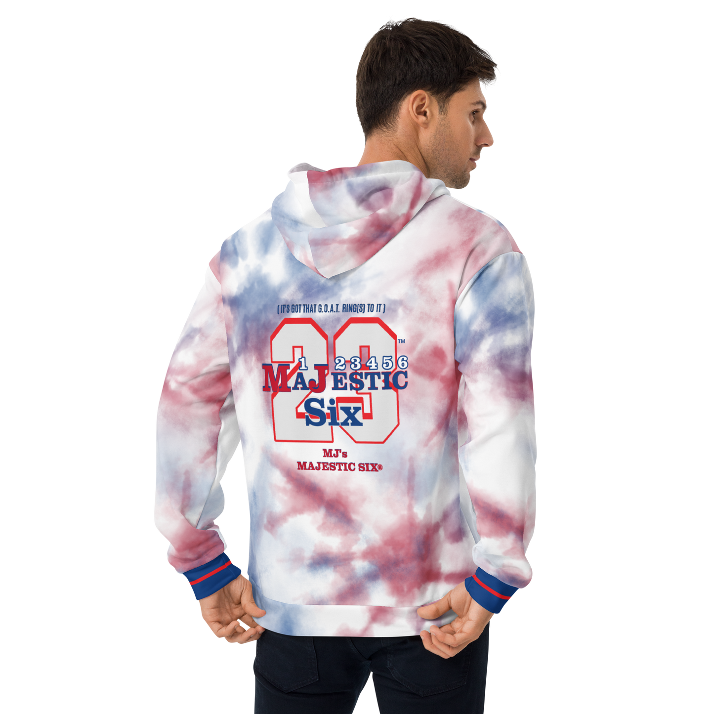 MAJESTIC SIX® (MJ 23) Unisex Hoodie "IT'S GOT THAT G.O.A.T. RING TO IT" (White). Sizes XS - 3XL.