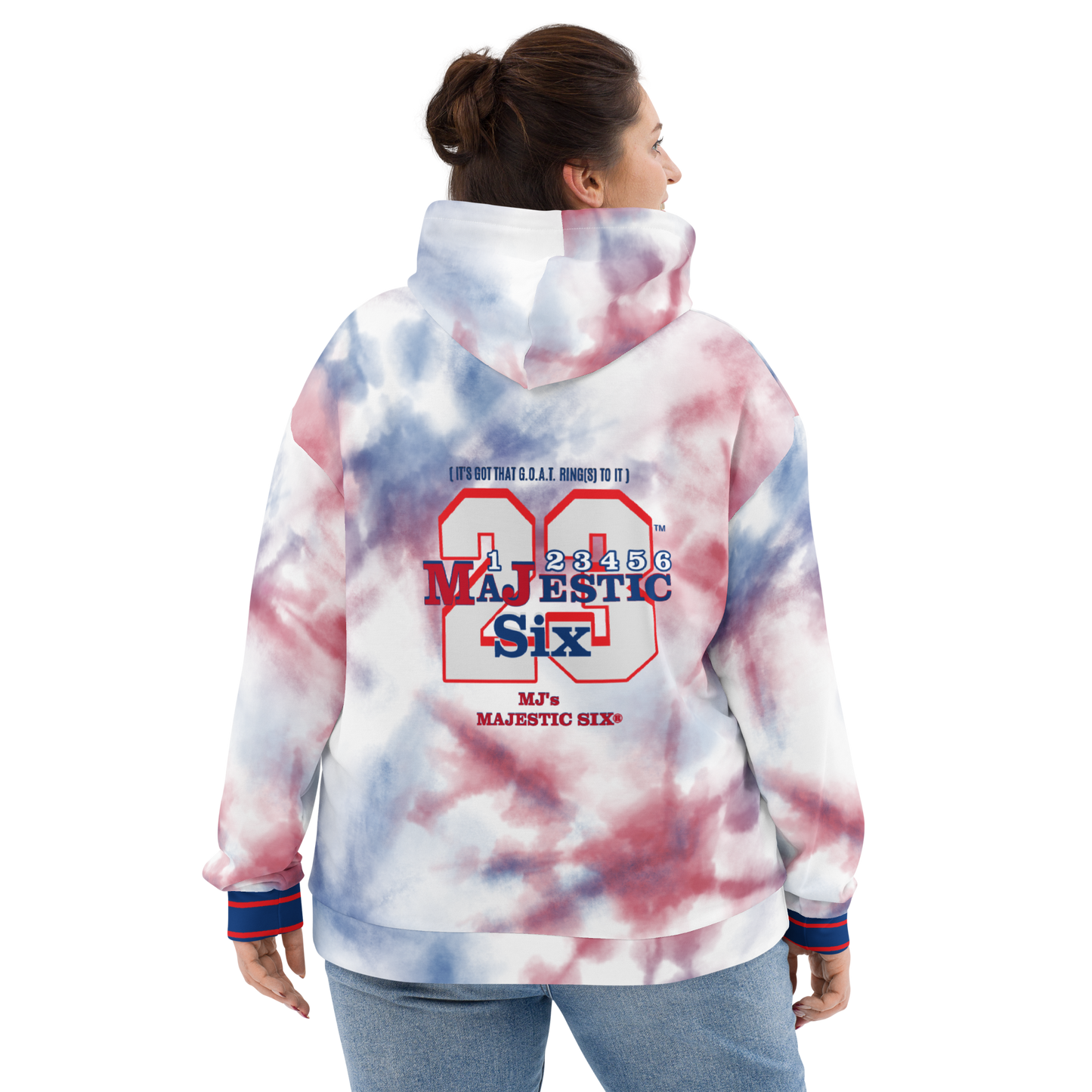 MAJESTIC SIX® (MJ 23) Unisex Hoodie "IT'S GOT THAT G.O.A.T. RING TO IT" (White). Sizes XS - 3XL.