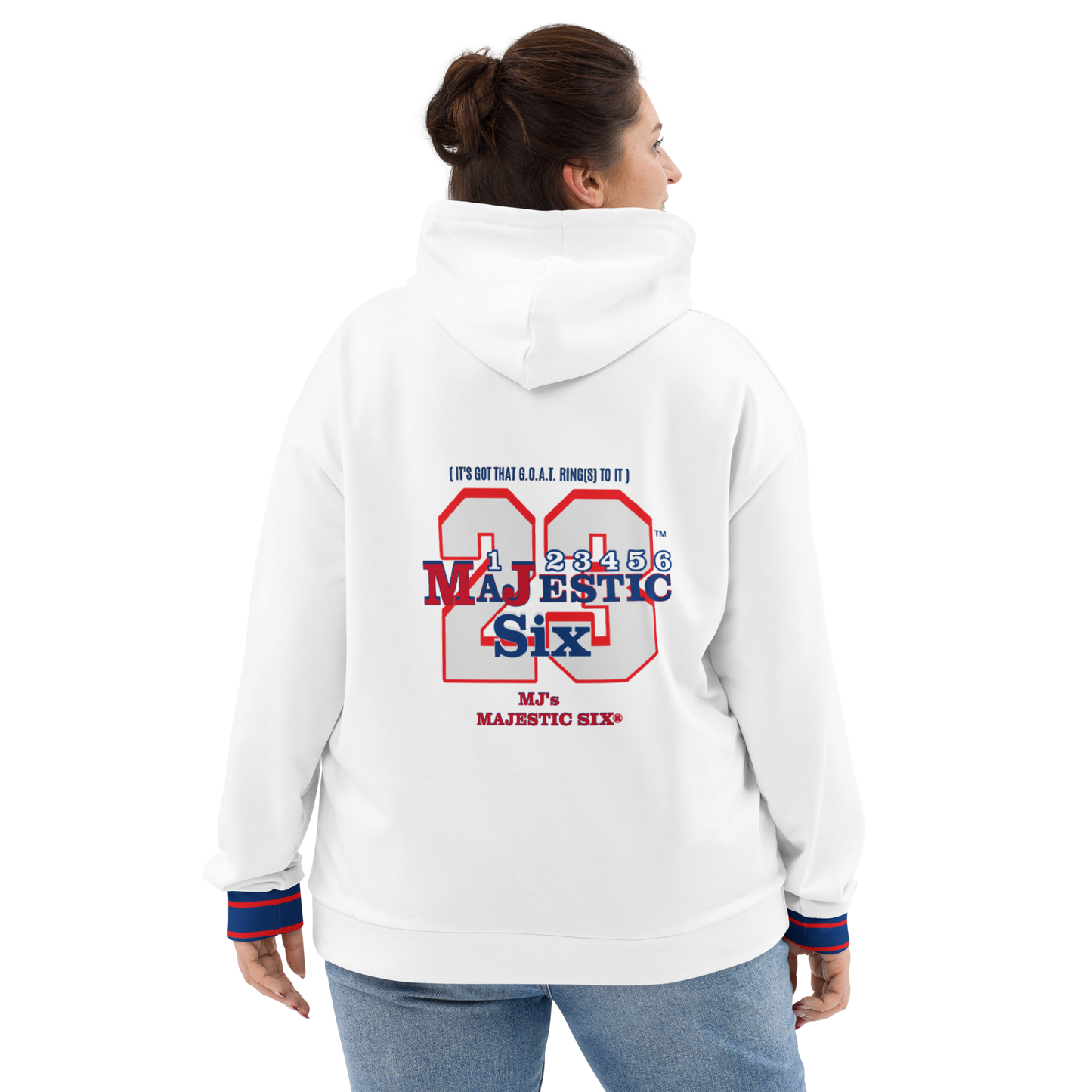 MAJESTIC SIX® (MJ's 23) " IT'S GOT THAT G.O.A.T. RING TO IT" UNISEX HOODIE (White). Sizes XS - 3XL.