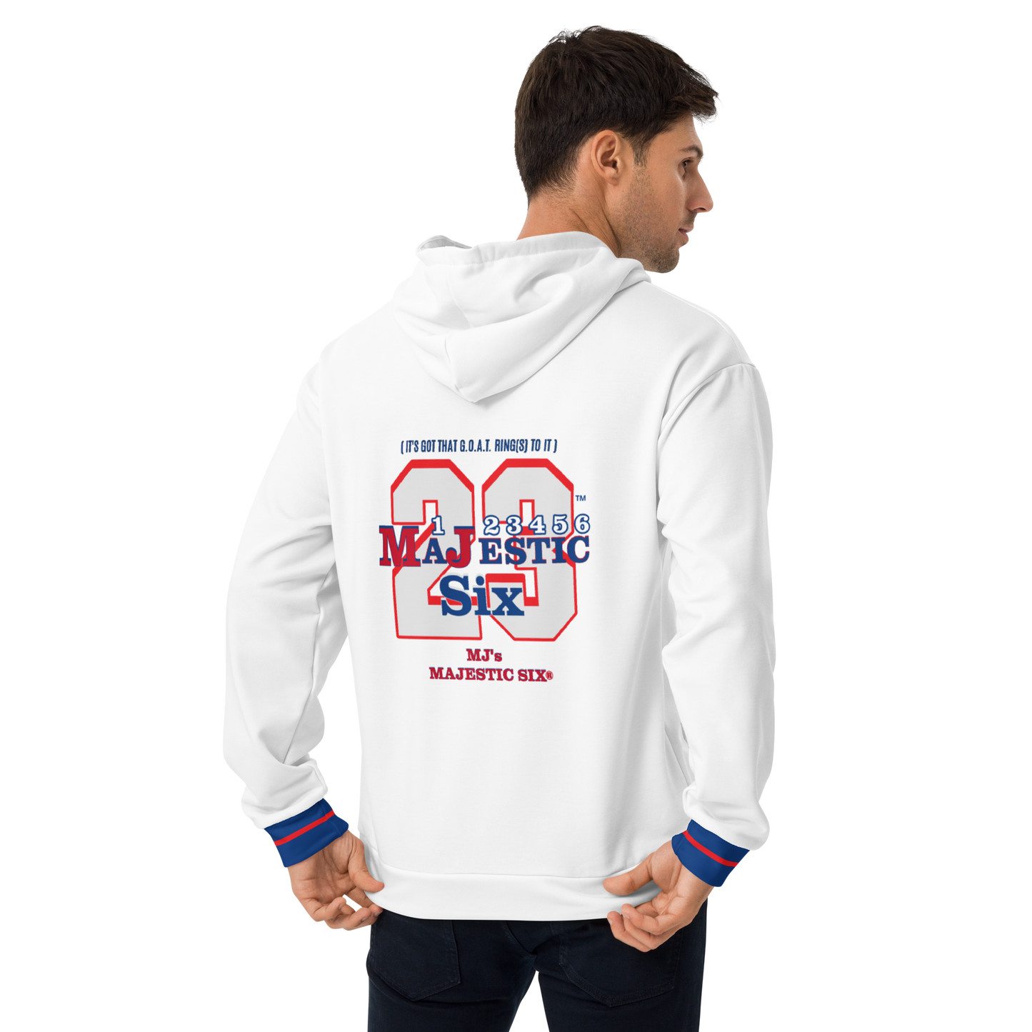 MAJESTIC SIX® (MJ's 23) " IT'S GOT THAT G.O.A.T. RING TO IT" UNISEX HOODIE (White). Sizes XS - 3XL.