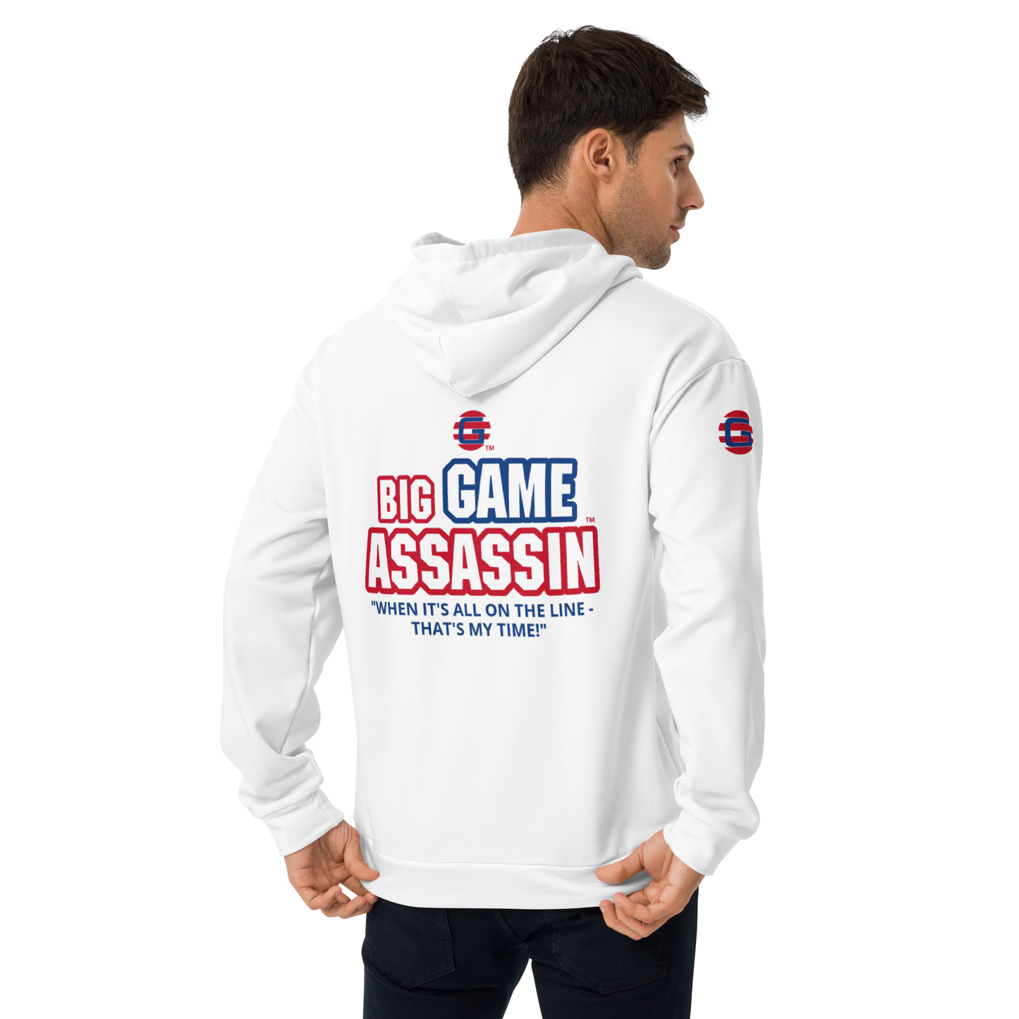 BIG GAME ASSASSIN ® Unisex Hoodie. White+(red and blue logo).
