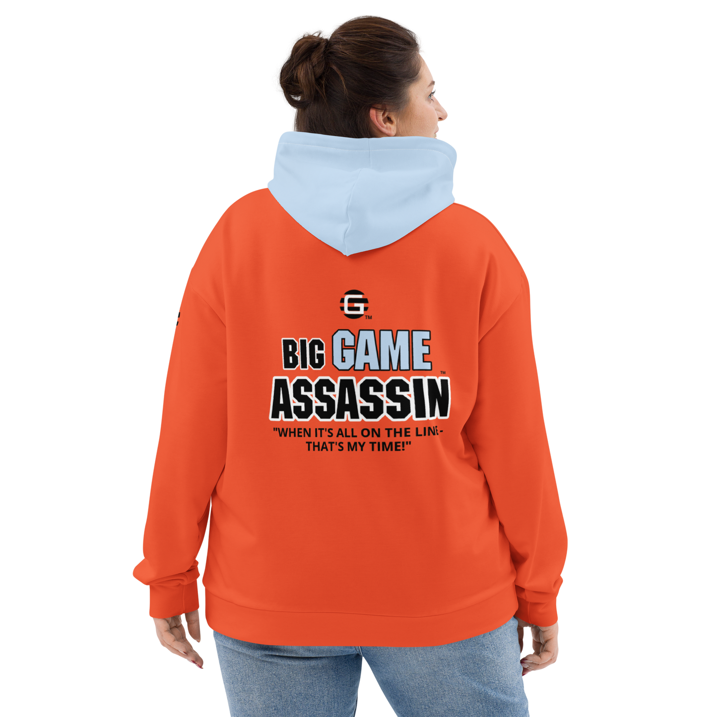 BIG GAME ASSASSIN ® (B.G.A.) Unisex Hoodie. Orange+Pattens blue