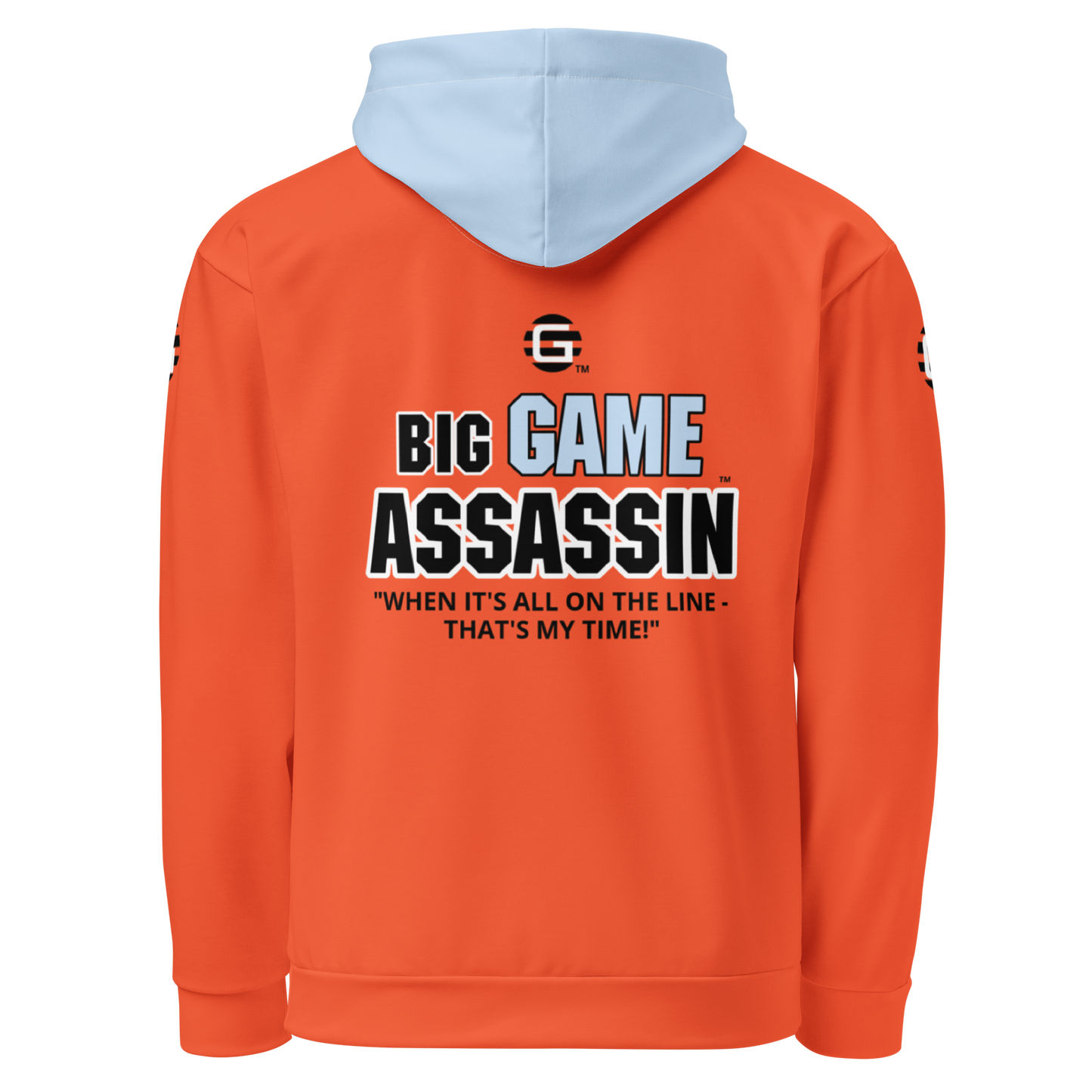 BIG GAME ASSASSIN ® (B.G.A.) Unisex Hoodie. Orange+Pattens blue