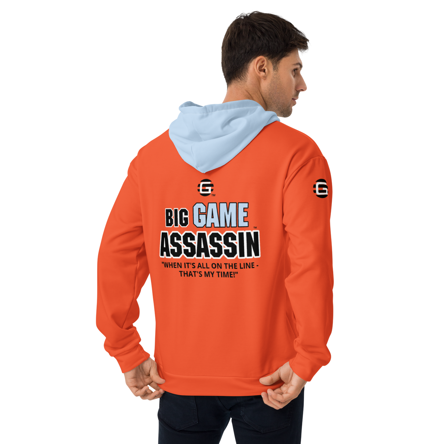BIG GAME ASSASSIN ® (B.G.A.) Unisex Hoodie. Orange+Pattens blue