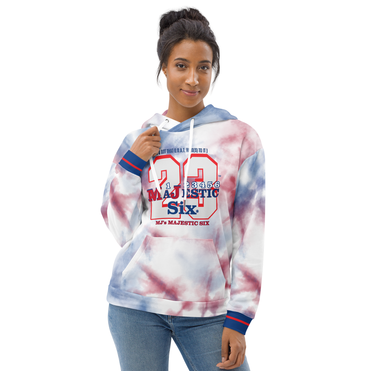 MAJESTIC SIX® (MJ 23) Unisex Hoodie "IT'S GOT THAT G.O.A.T. RING TO IT" (White). Sizes XS - 3XL.