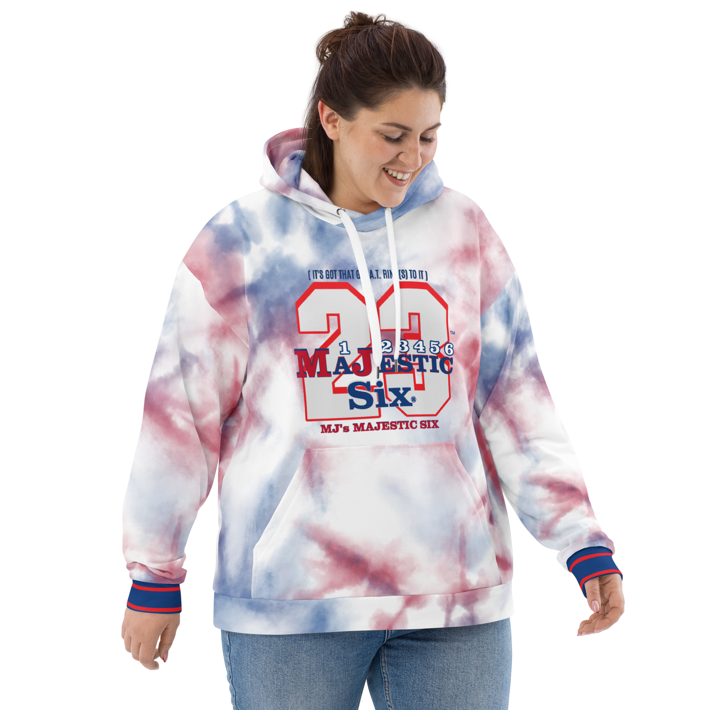 MAJESTIC SIX® (MJ 23) Unisex Hoodie "IT'S GOT THAT G.O.A.T. RING TO IT" (White). Sizes XS - 3XL.