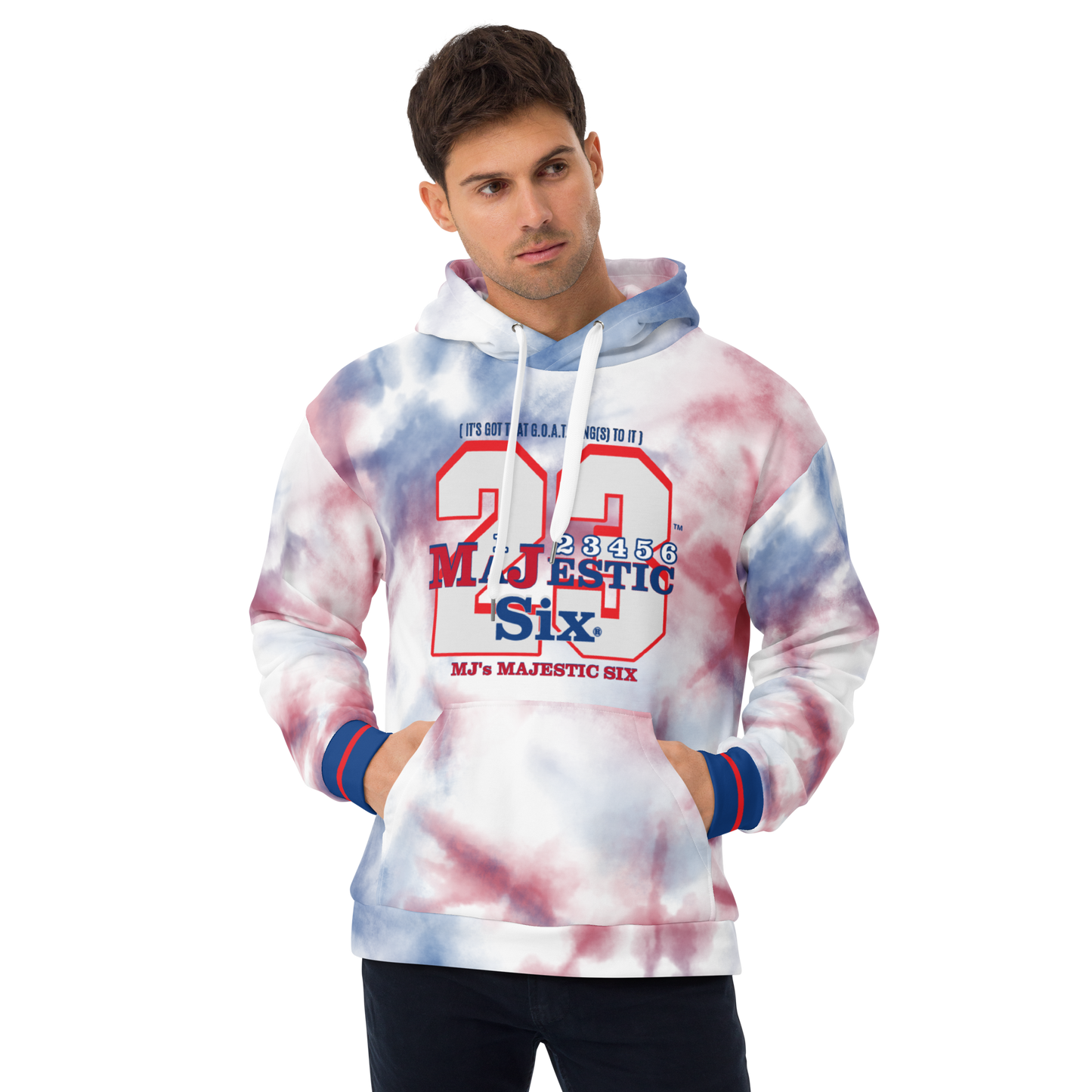 MAJESTIC SIX® (MJ 23) Unisex Hoodie "IT'S GOT THAT G.O.A.T. RING TO IT" (White). Sizes XS - 3XL.