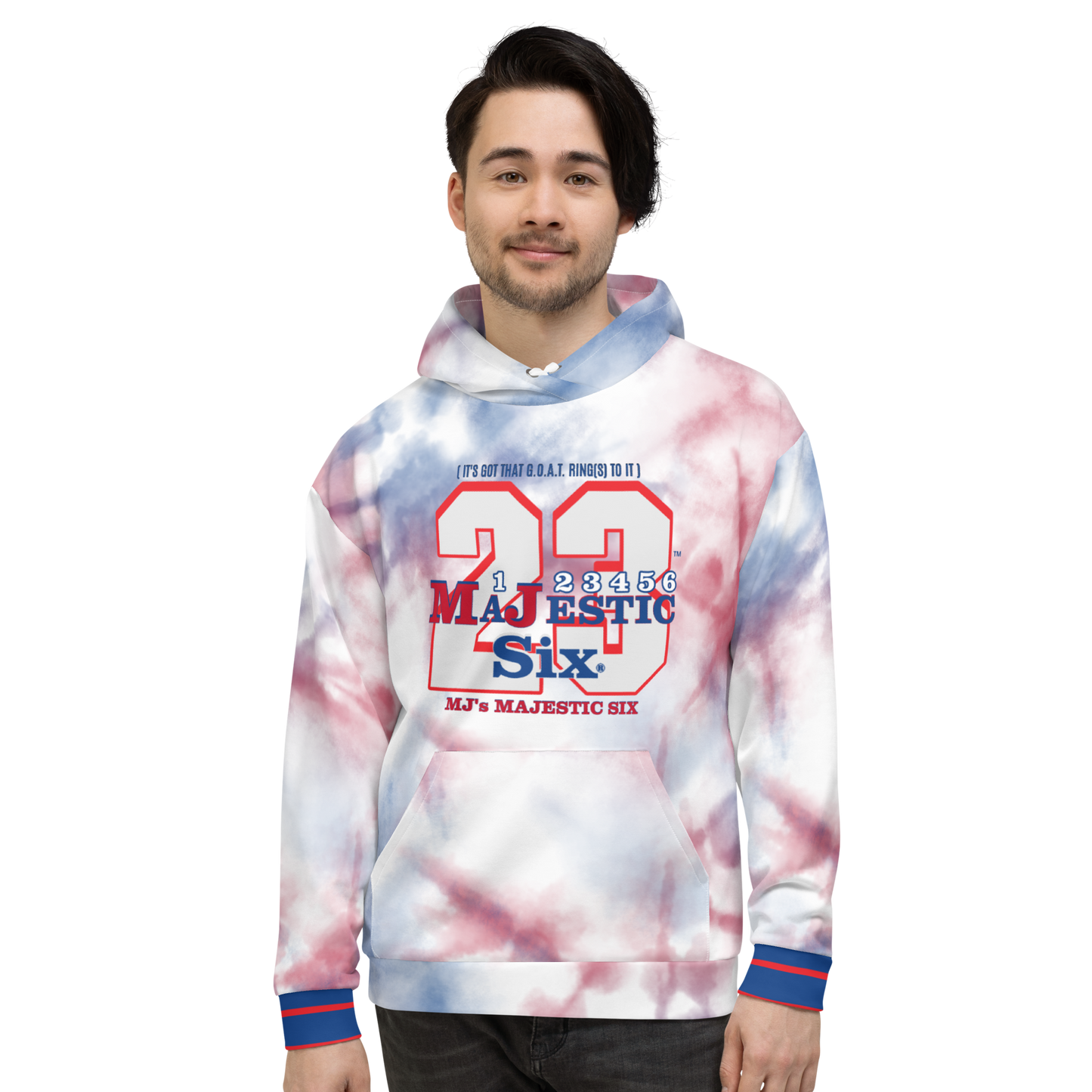 MAJESTIC SIX® (MJ 23) Unisex Hoodie "IT'S GOT THAT G.O.A.T. RING TO IT" (White). Sizes XS - 3XL.
