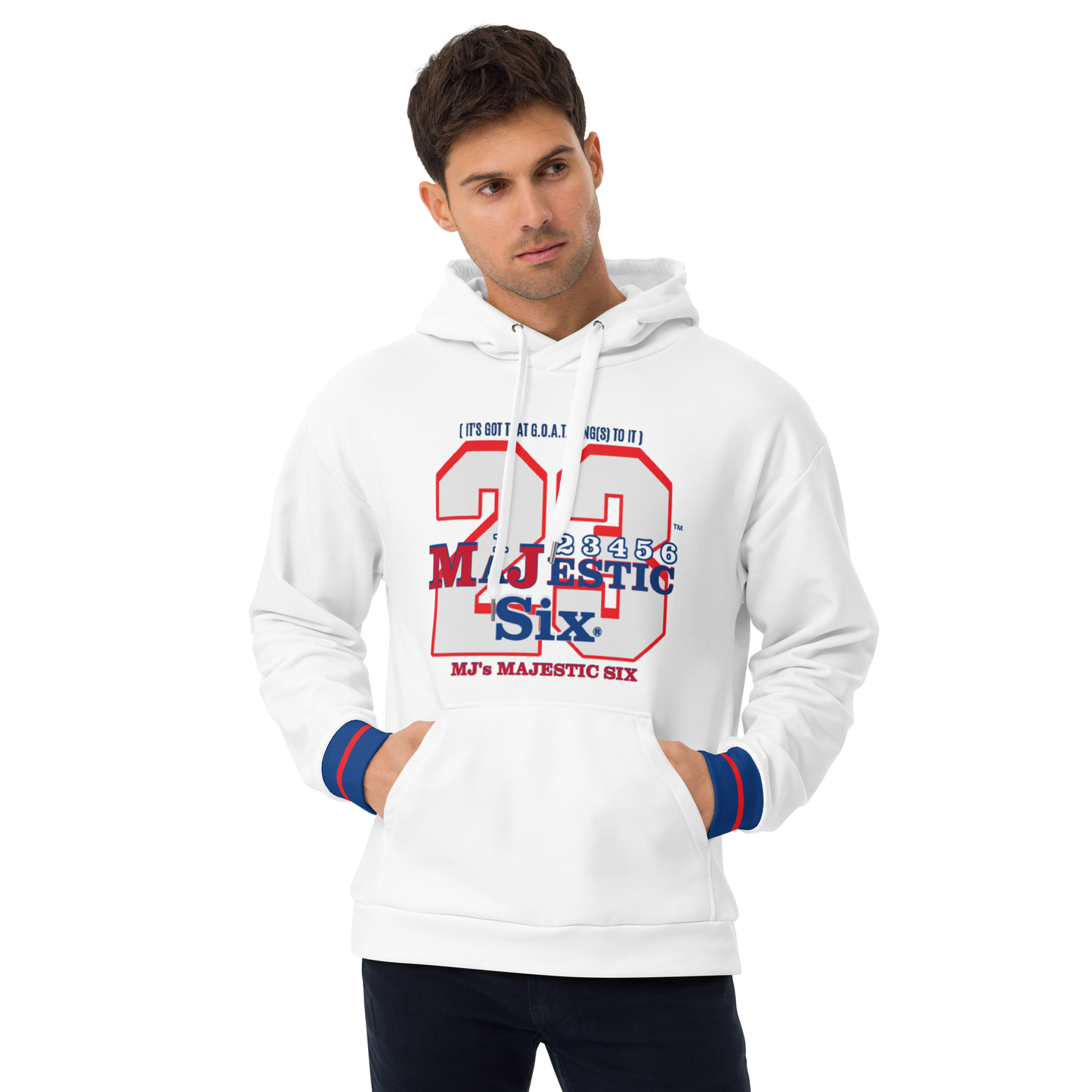 MAJESTIC SIX® (MJ's 23) " IT'S GOT THAT G.O.A.T. RING TO IT" UNISEX HOODIE (White). Sizes XS - 3XL.
