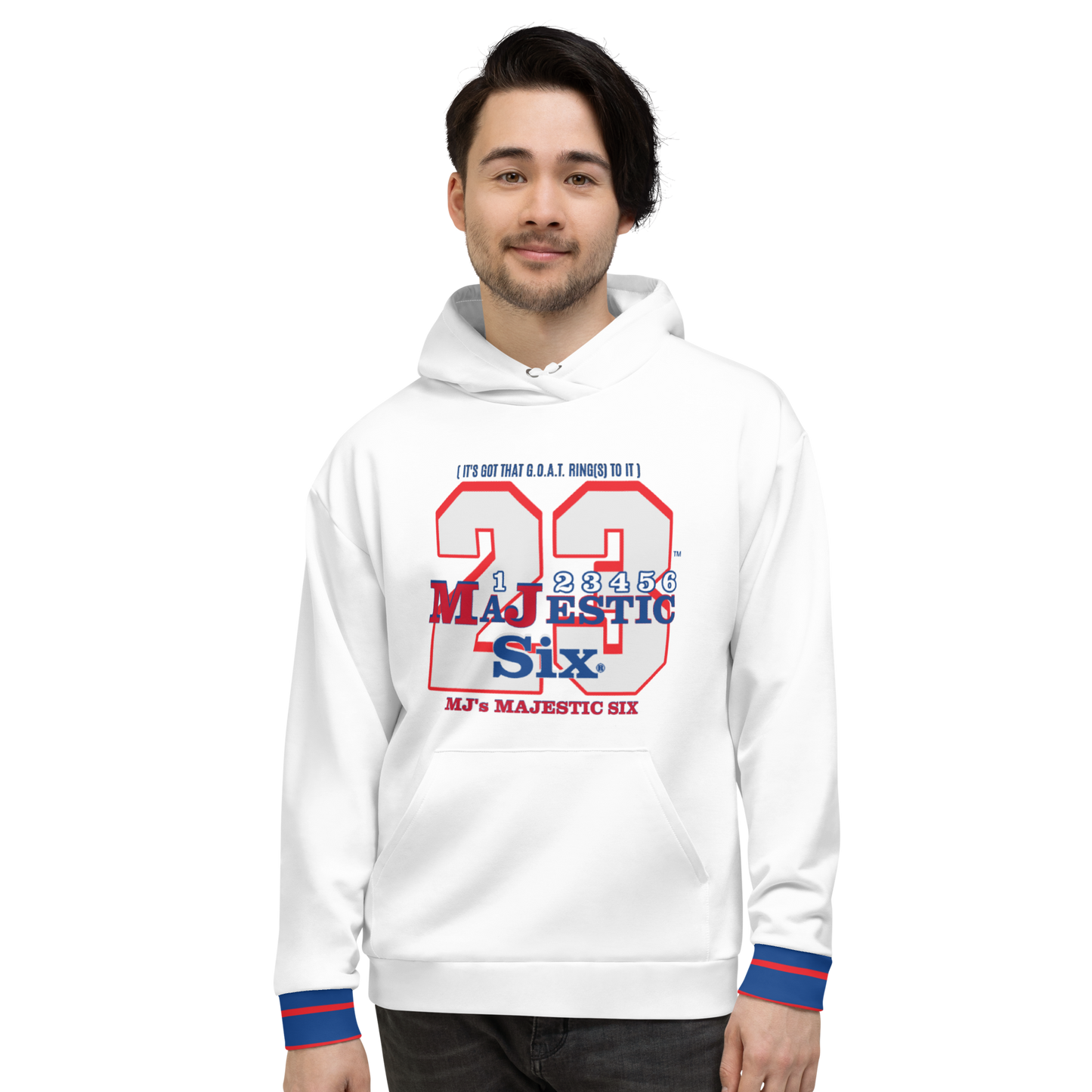 MAJESTIC SIX® (MJ's 23) " IT'S GOT THAT G.O.A.T. RING TO IT" UNISEX HOODIE (White). Sizes XS - 3XL.