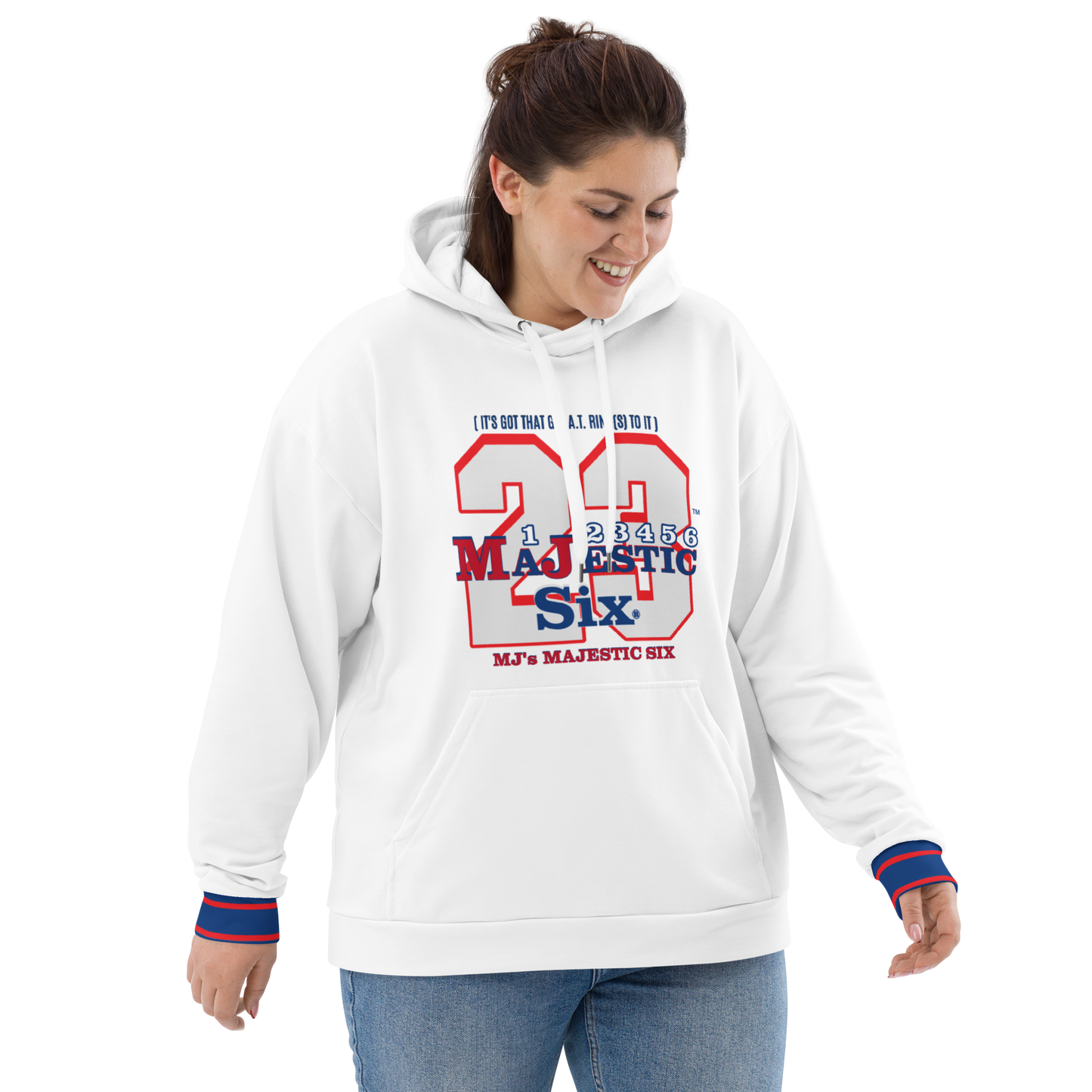 MAJESTIC SIX® (MJ's 23) " IT'S GOT THAT G.O.A.T. RING TO IT" UNISEX HOODIE (White). Sizes XS - 3XL.