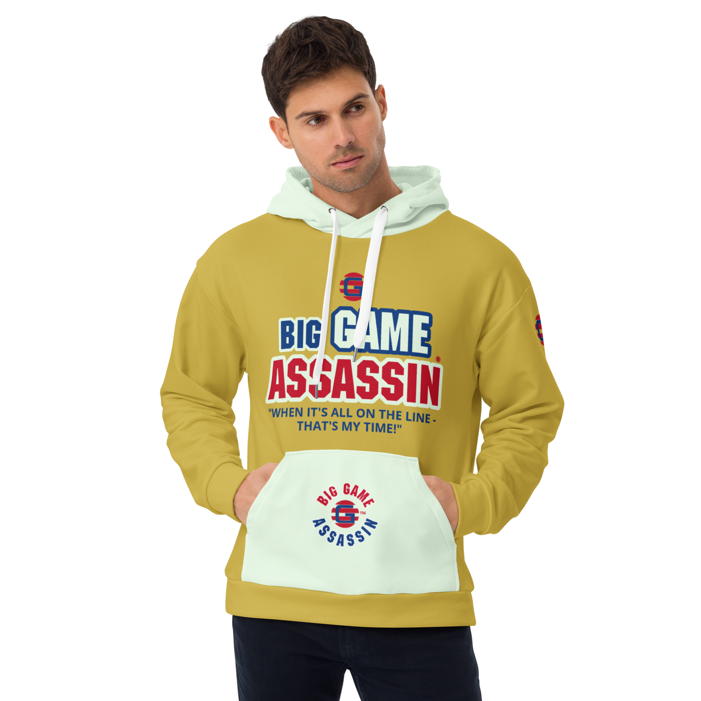BIG GAME ASSASSIN ® Unisex Hoodie. Old gold+Honeydew