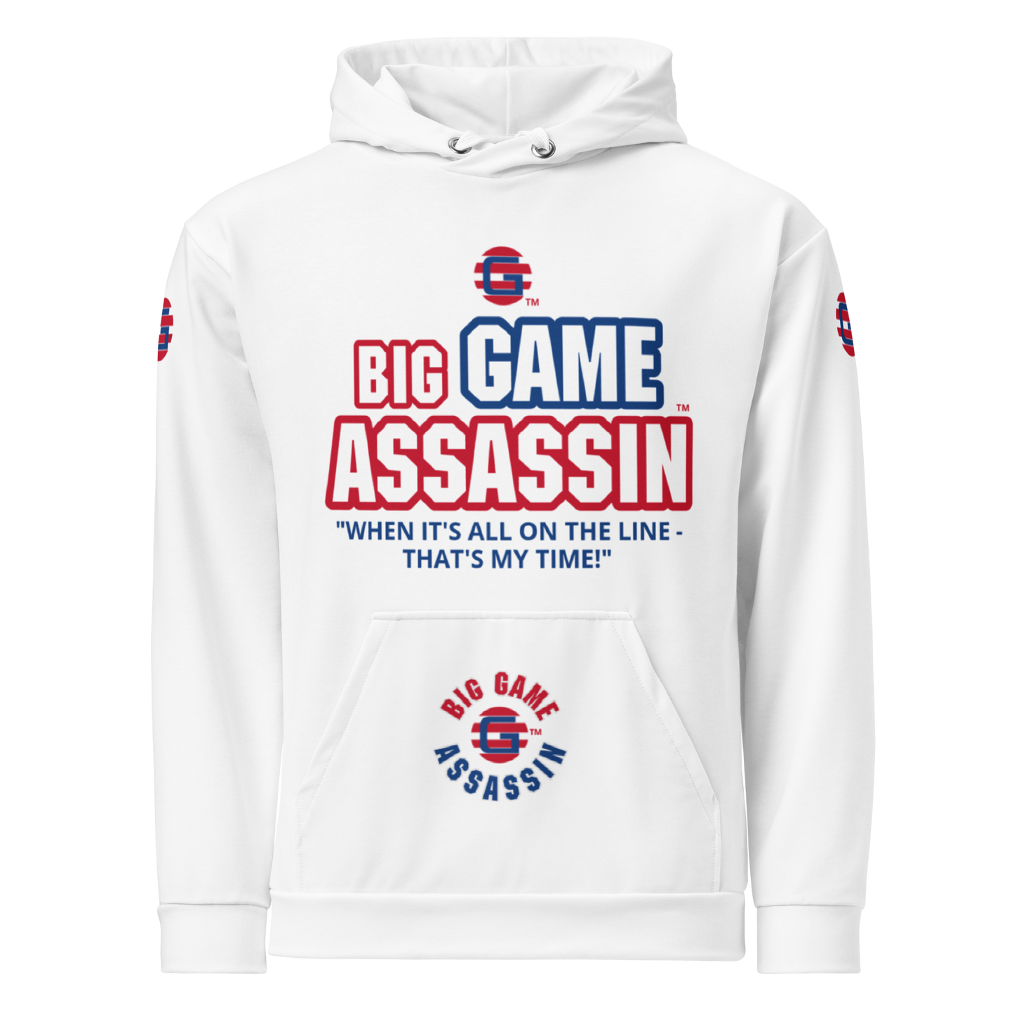 BIG GAME ASSASSIN ® Unisex Hoodie. White+(red and blue logo).