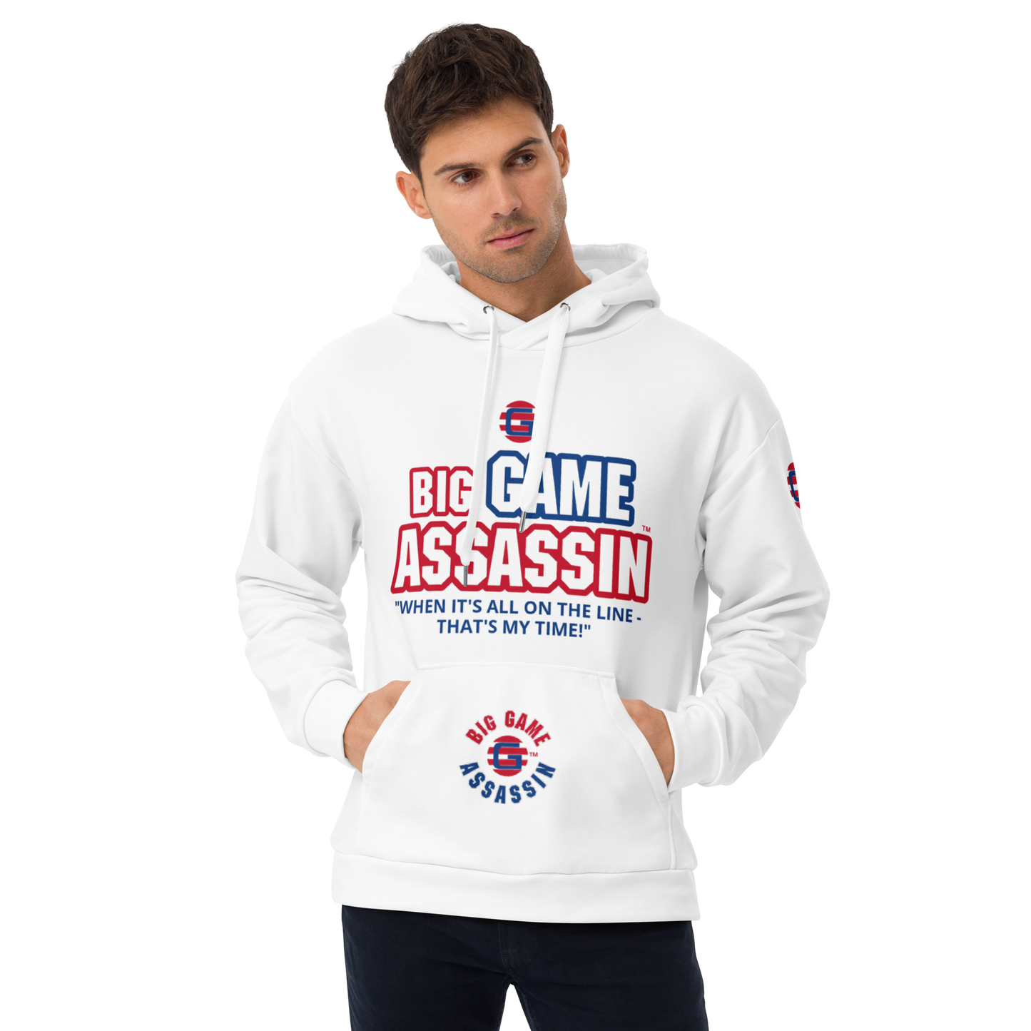 BIG GAME ASSASSIN ® Unisex Hoodie. White+(red and blue logo).