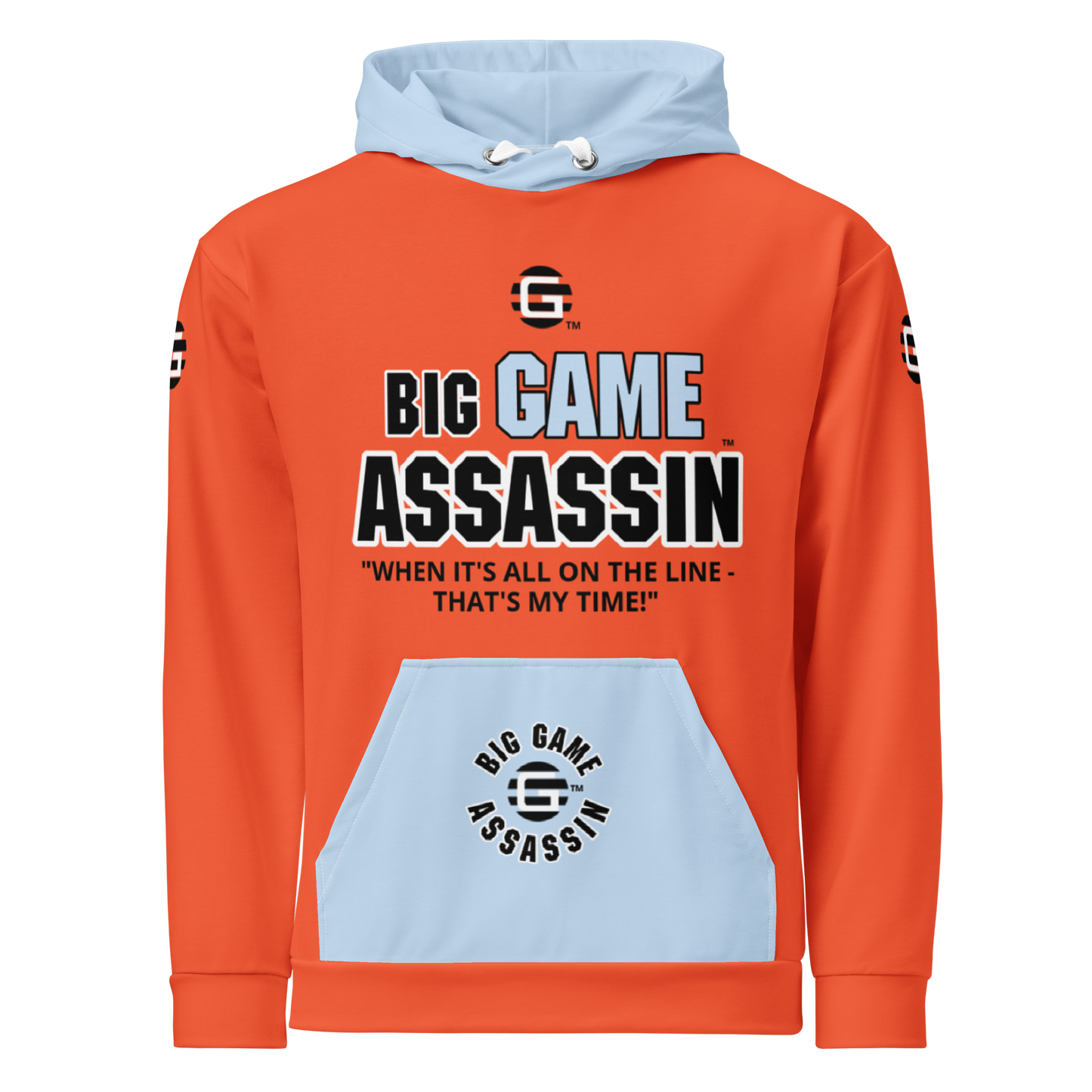 BIG GAME ASSASSIN ® (B.G.A.) Unisex Hoodie. Orange+Pattens blue