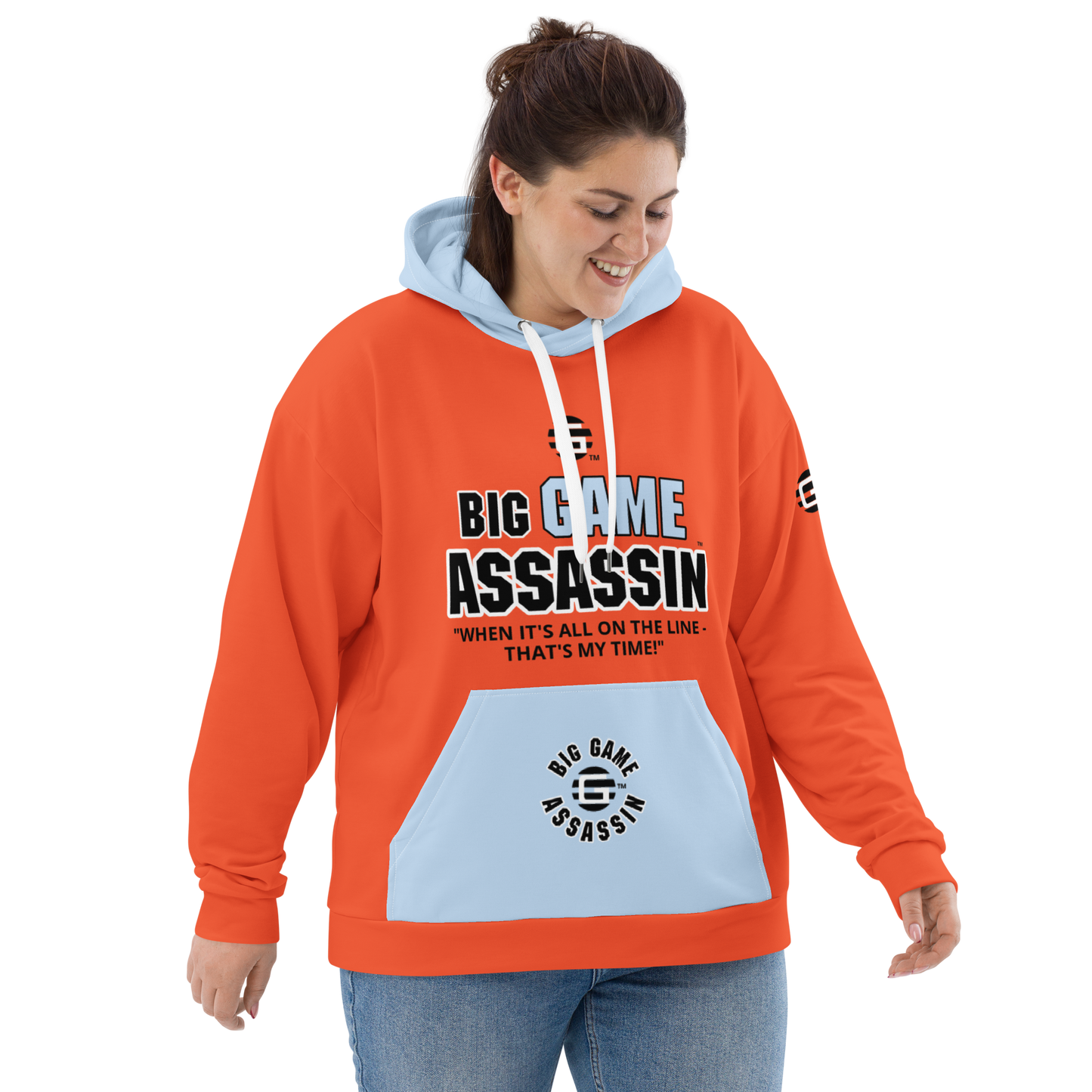 BIG GAME ASSASSIN ® (B.G.A.) Unisex Hoodie. Orange+Pattens blue