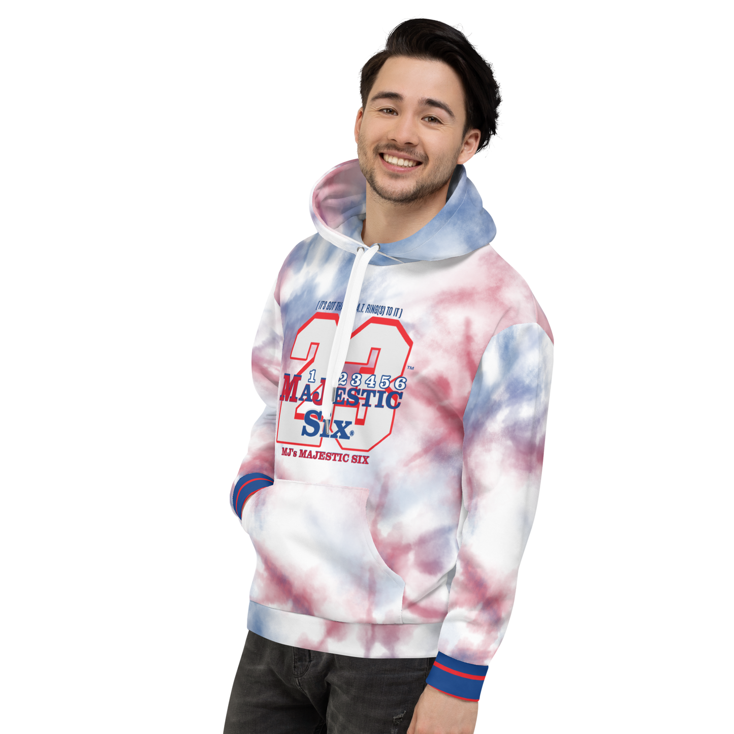 MAJESTIC SIX® (MJ 23) Unisex Hoodie "IT'S GOT THAT G.O.A.T. RING TO IT" (White). Sizes XS - 3XL.