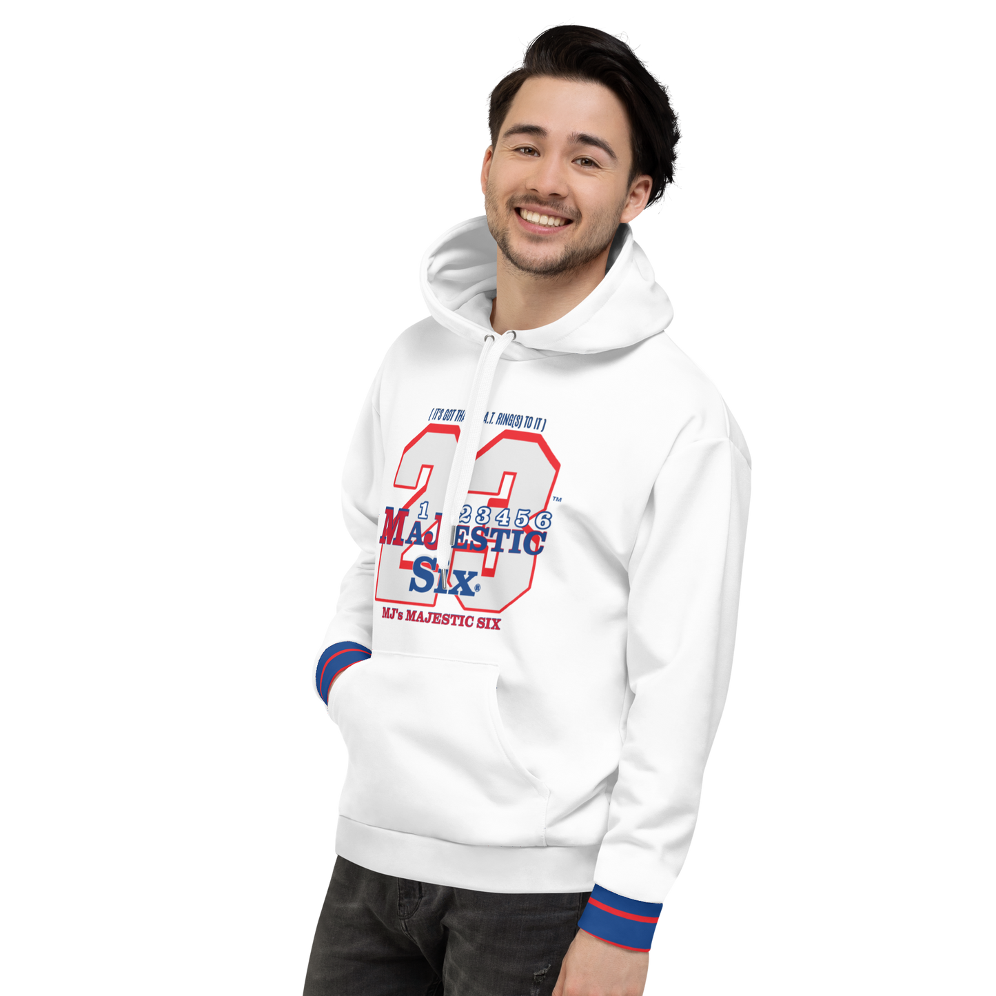 MAJESTIC SIX® (MJ's 23) " IT'S GOT THAT G.O.A.T. RING TO IT" UNISEX HOODIE (White). Sizes XS - 3XL.